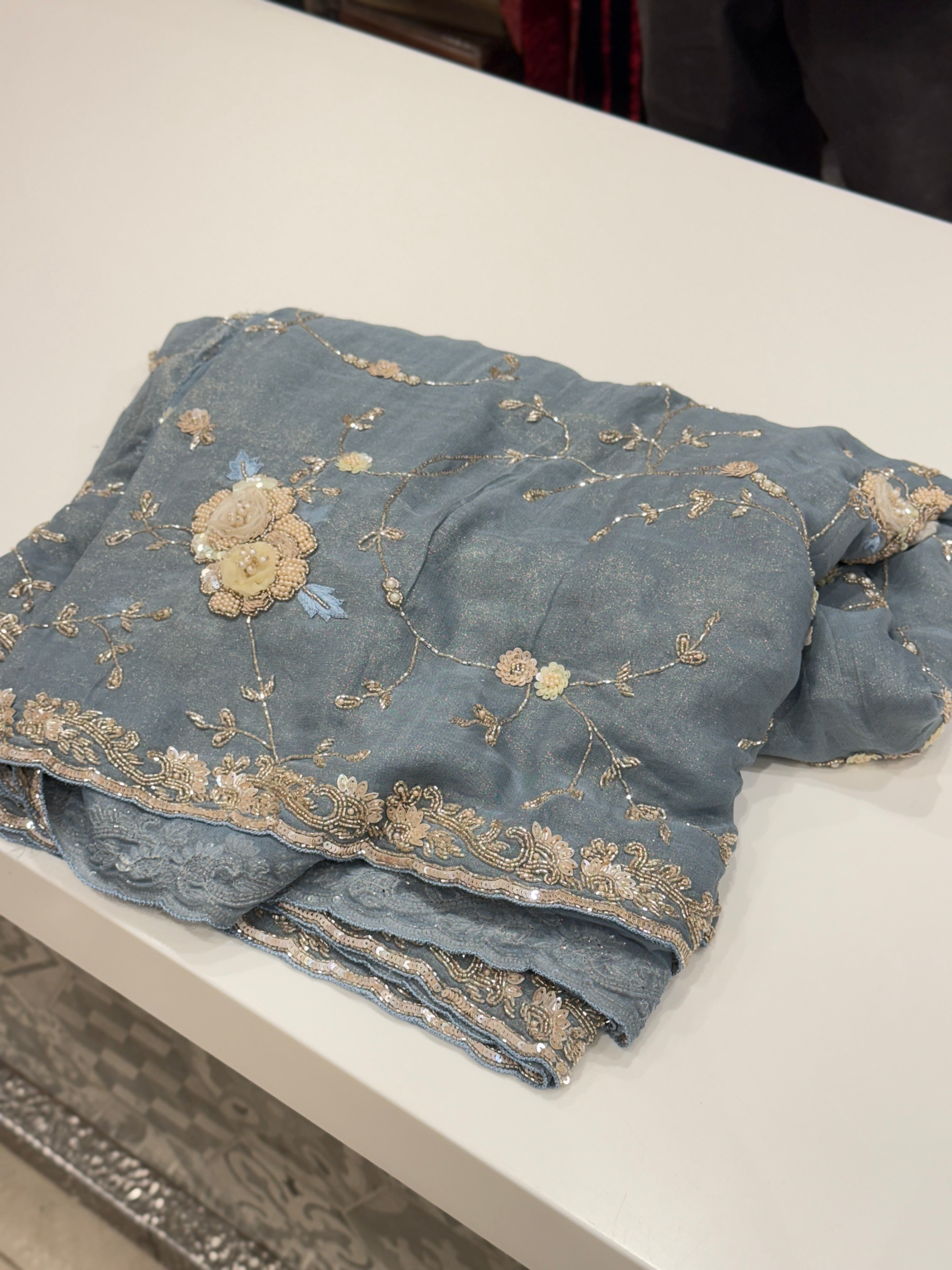 Powder Blue Tissue Chiffon Hand Embroidery Saree