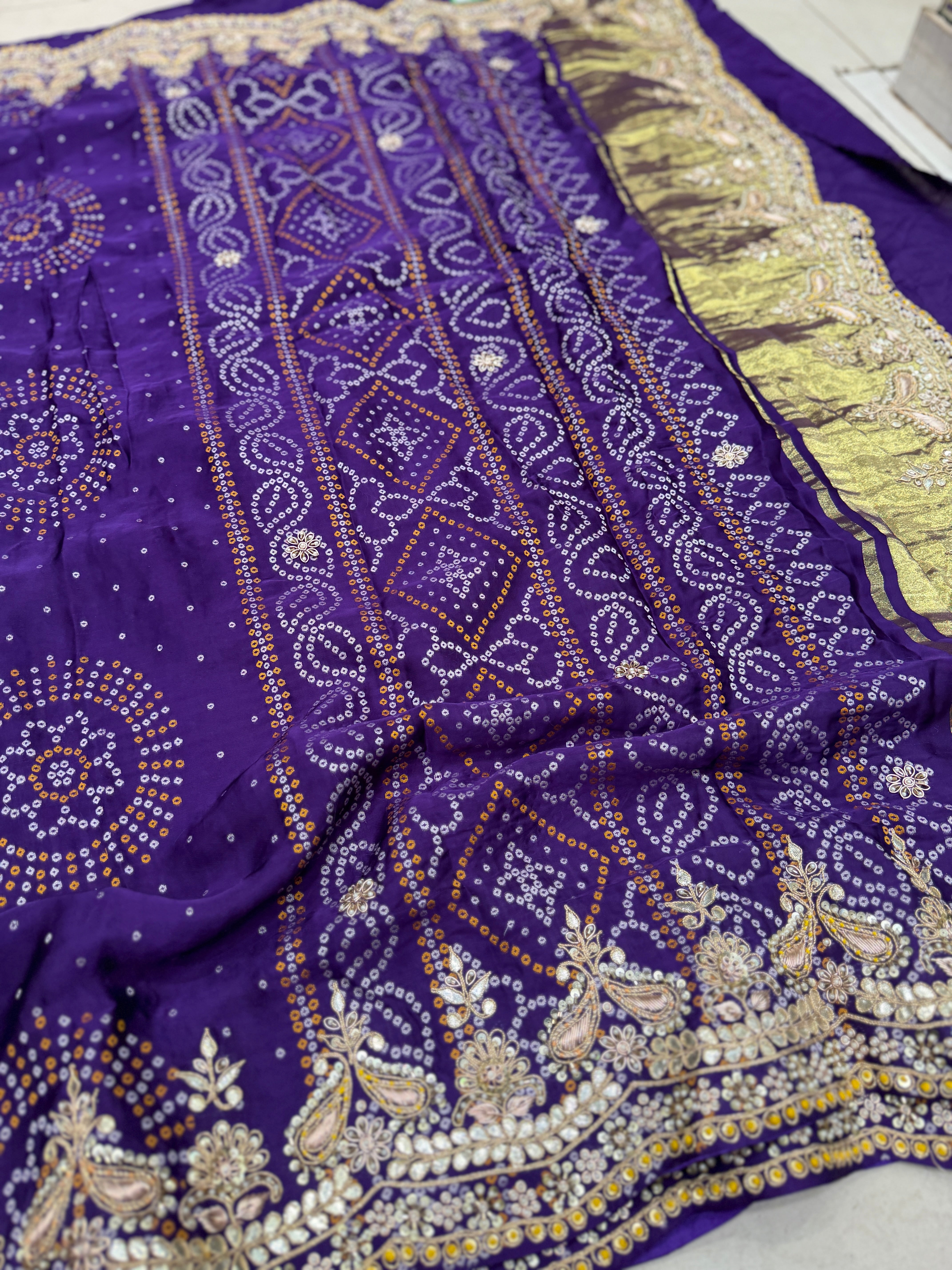 Violet Gajji Silk Woven Bandhej Zardosi Marodi Hand Embroidery Saree
