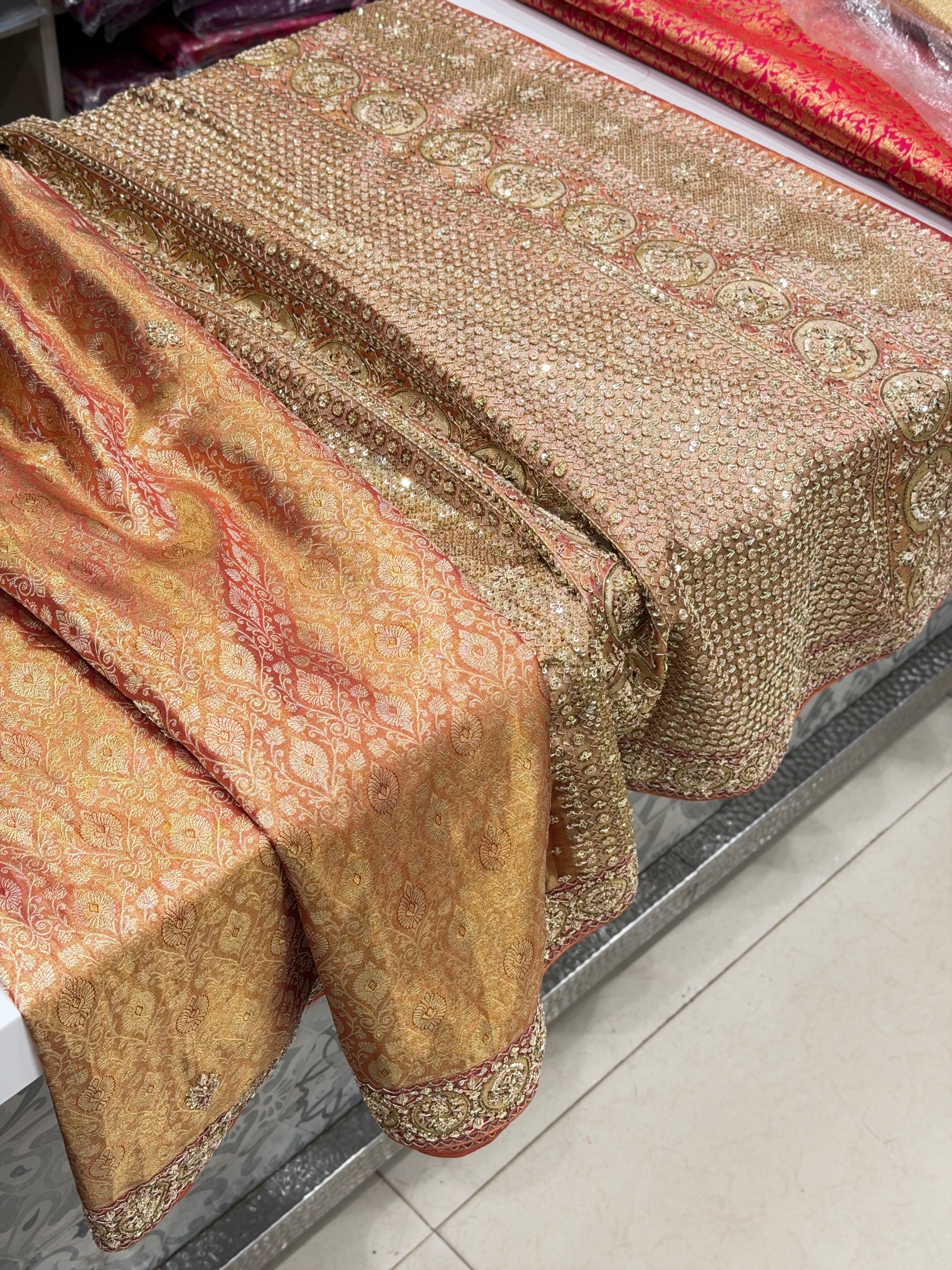 Red Tissue Kanjivaram Zardosi Meenakari Border Hand Embroidery Saree