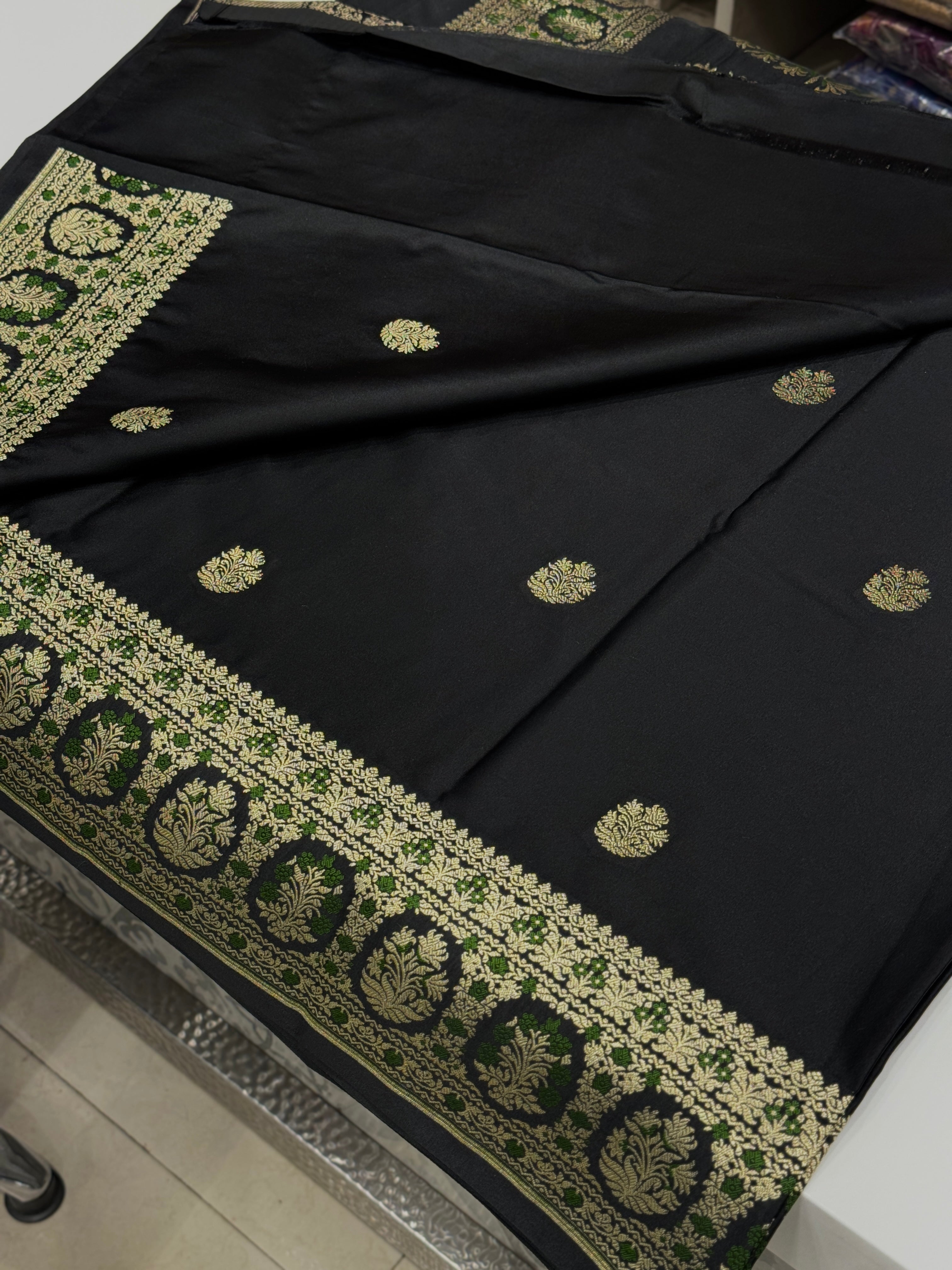 Black Banarasi Silk Butti with Green Meena Saree