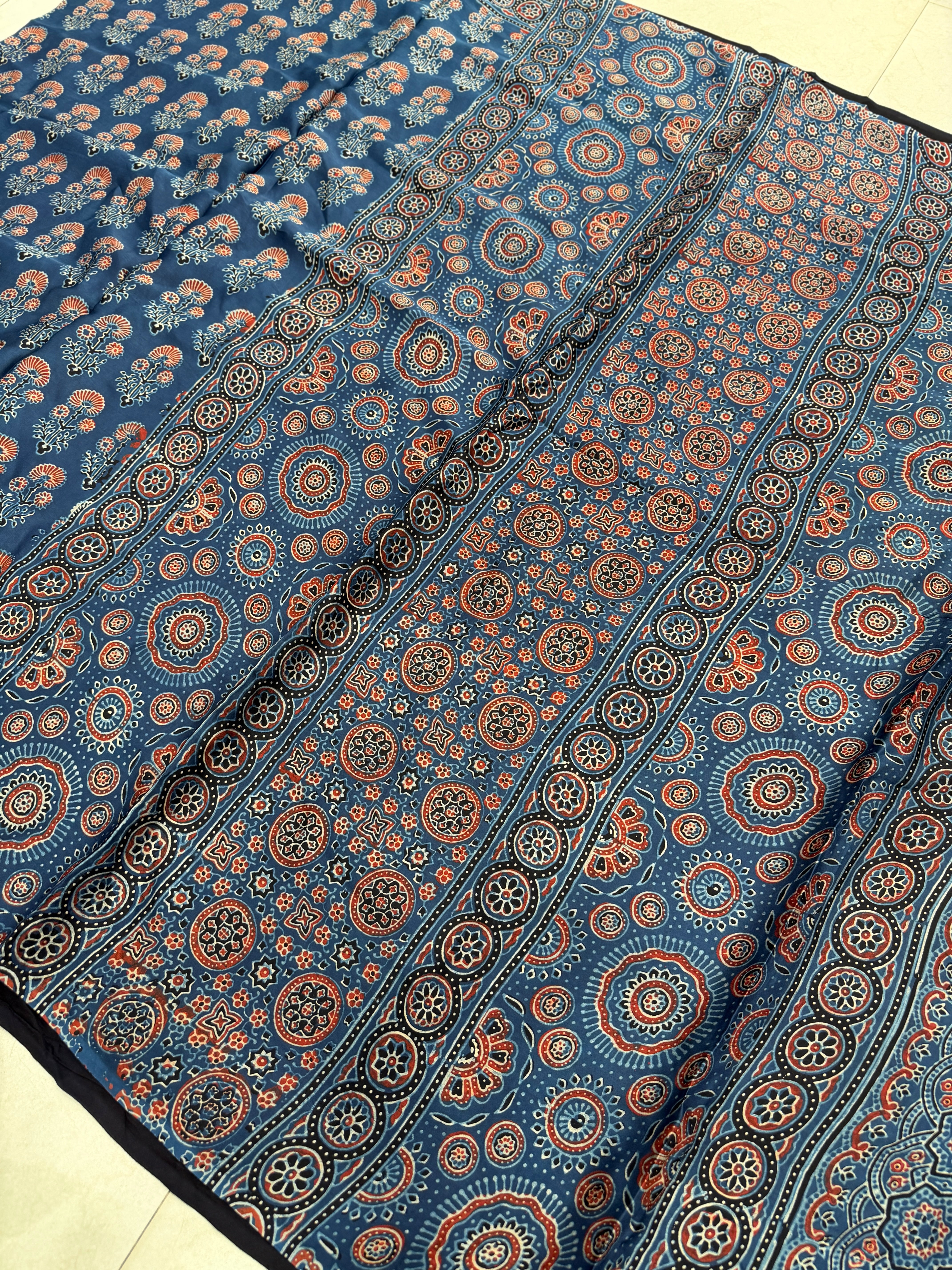 Blue Floral Buttas Ajrakh Hand Block Print Pure Gajji Silk Saree