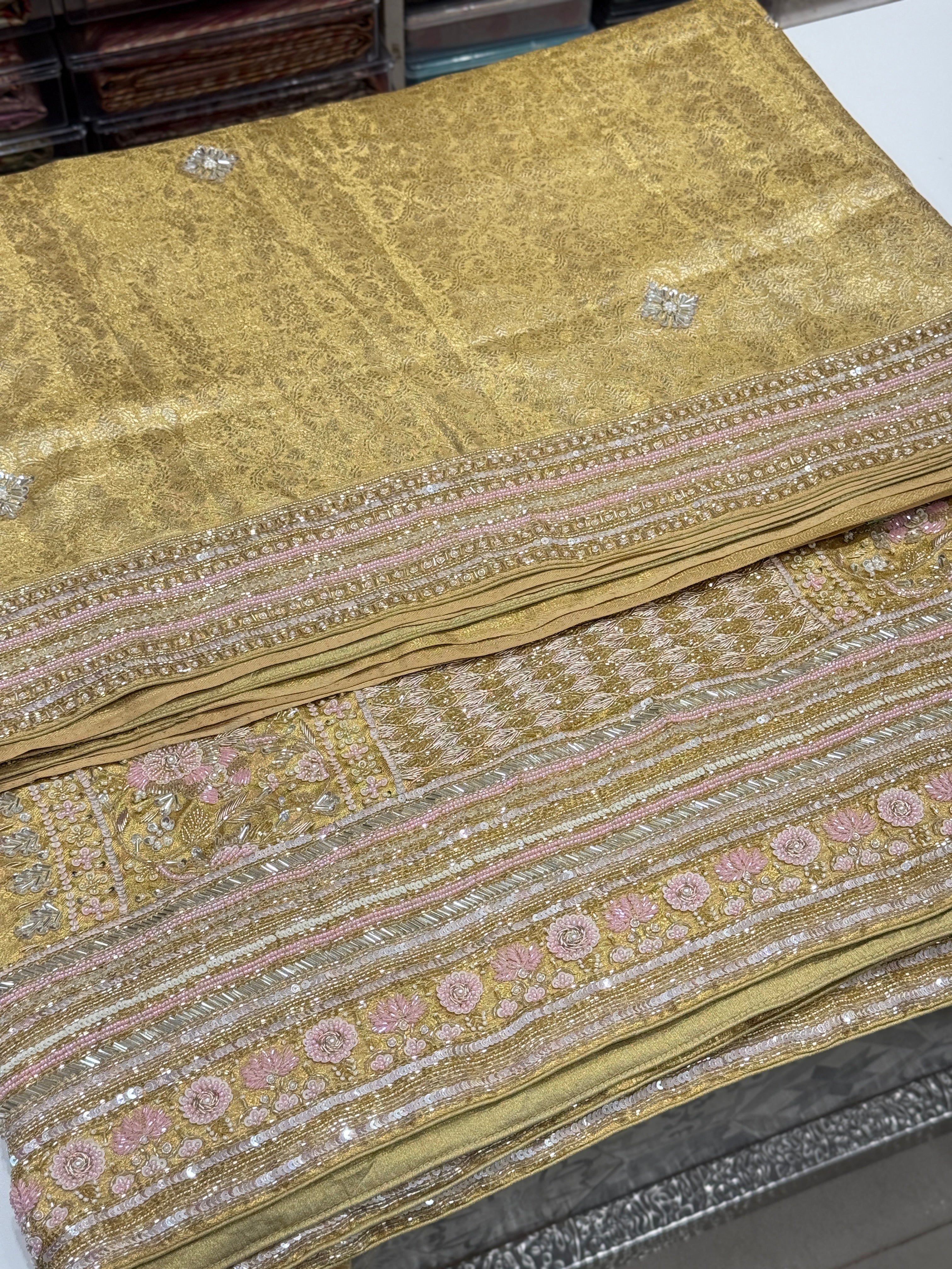 Gold Tissue Jaal Kanjivaram Hand Embroidery Saree