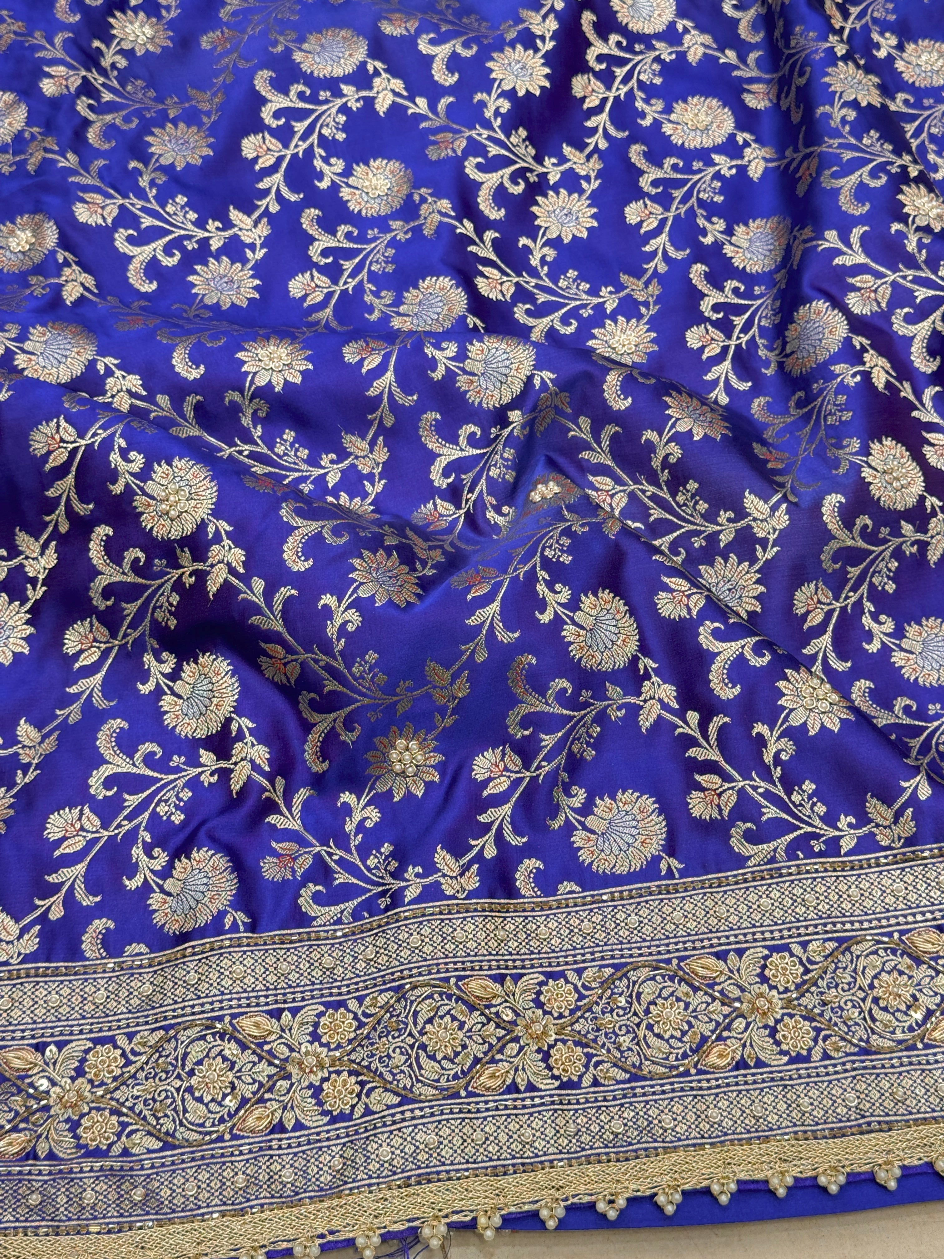 Blueish Purple Banarasi Silk Dhup Chav Hand Embroidery Zardosi Saree