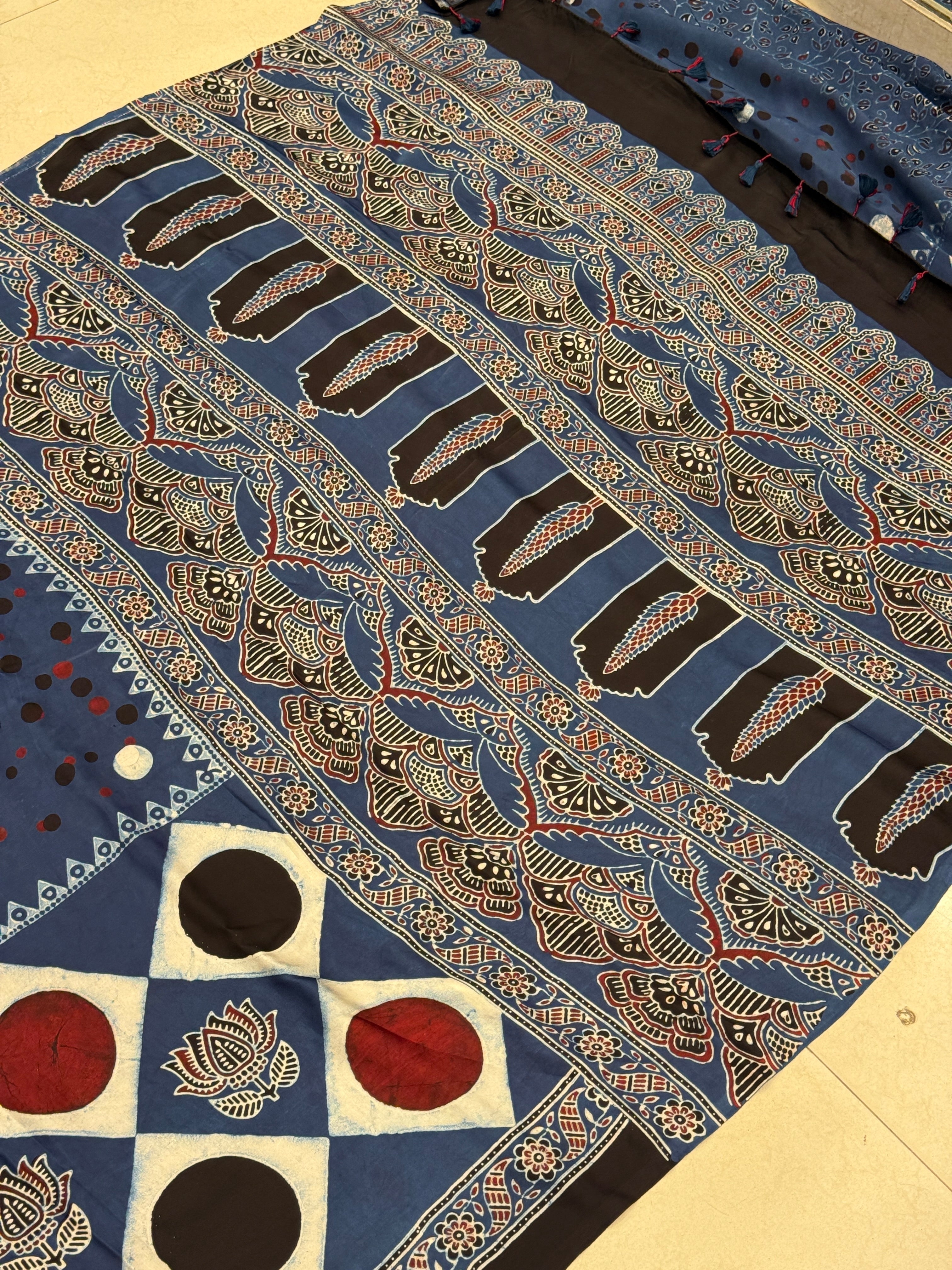 Blue Polka Dots Ajrakh Block Print Hand Pure Gajji Silk Saree