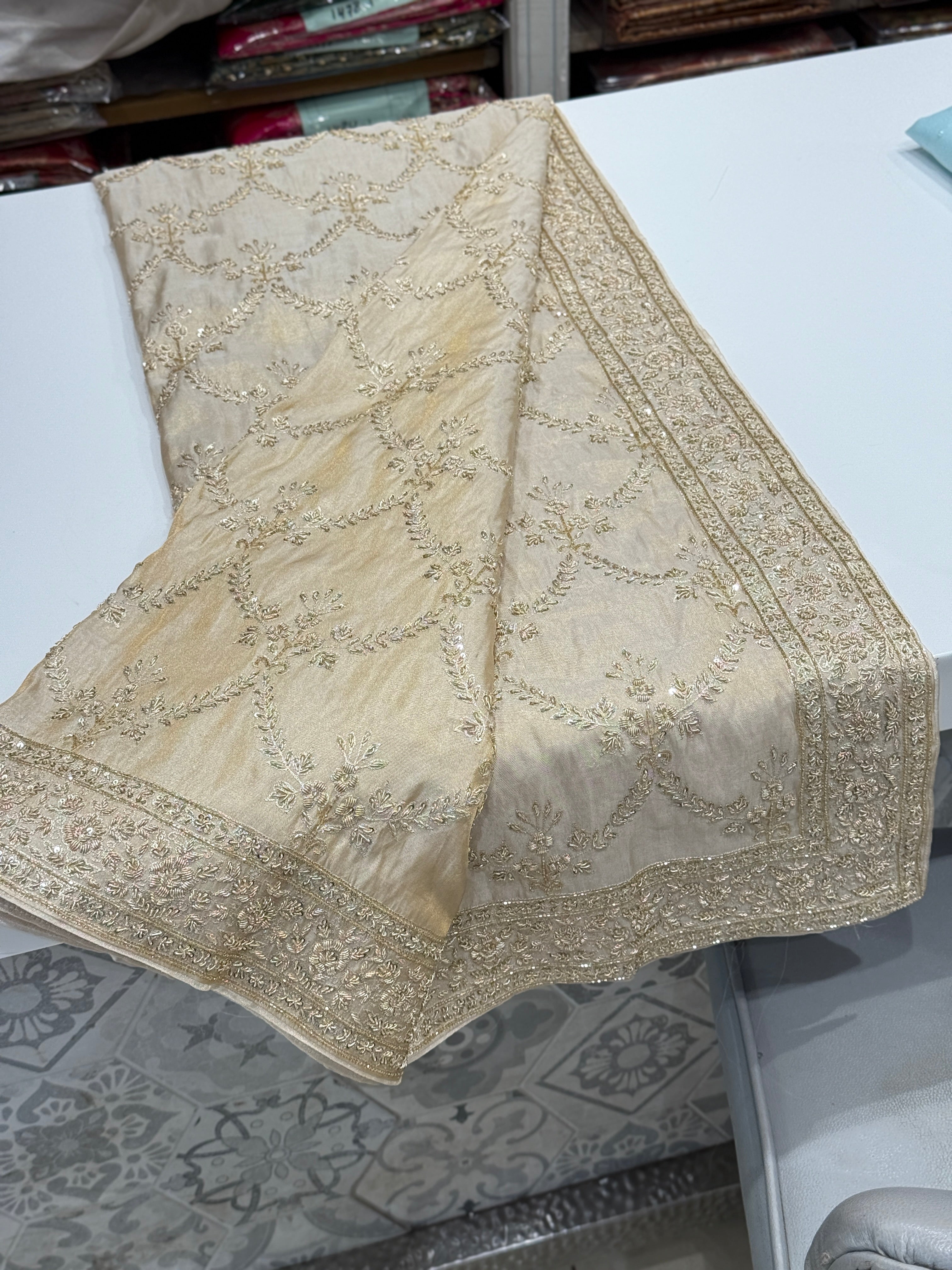 Handloom Tissue Silk Zardosi Hand Embroidery Jaal Saree