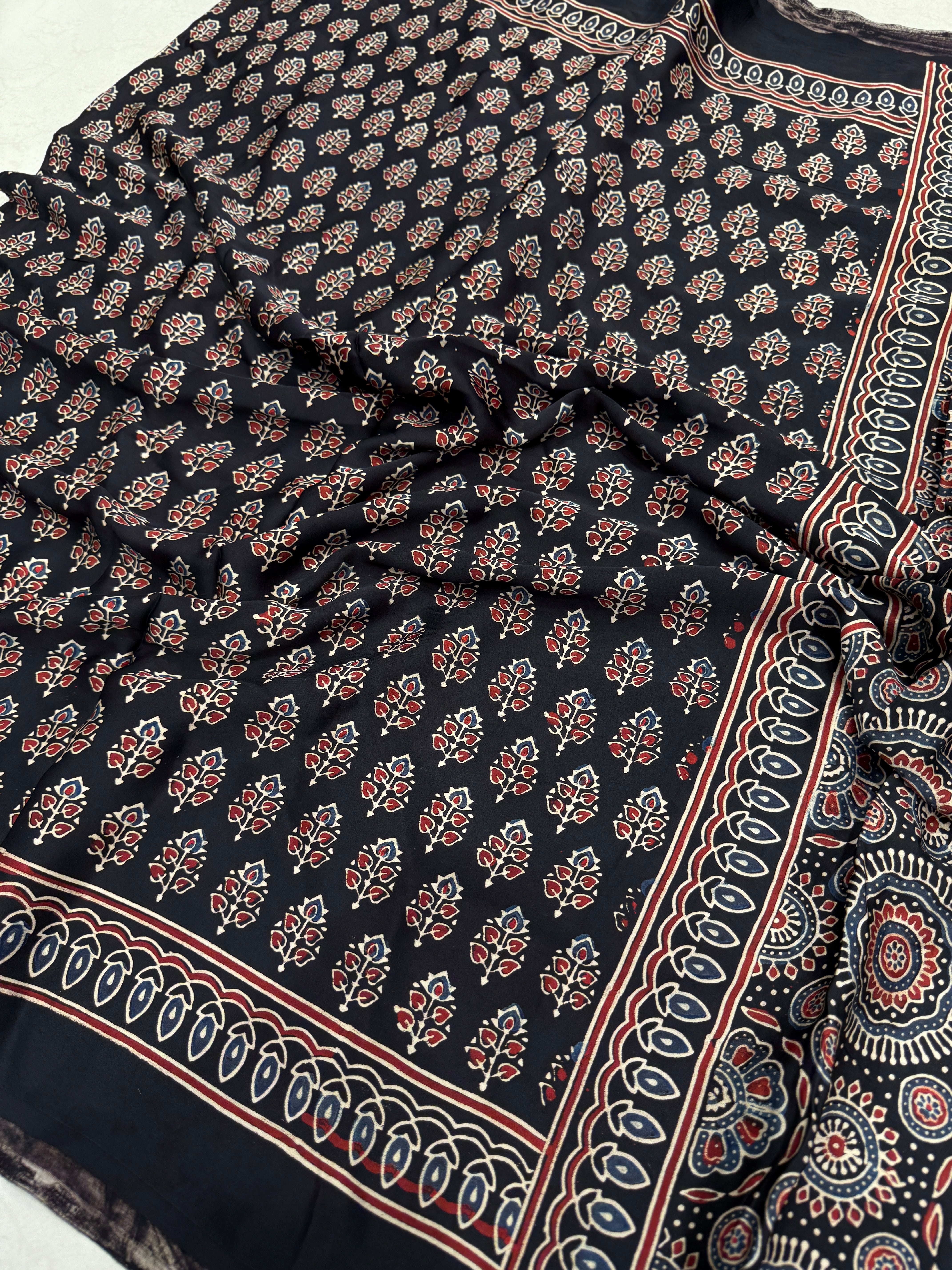 Black Keri Buttis Ajrakh Block Print Hand Pure Gajji Silk Saree