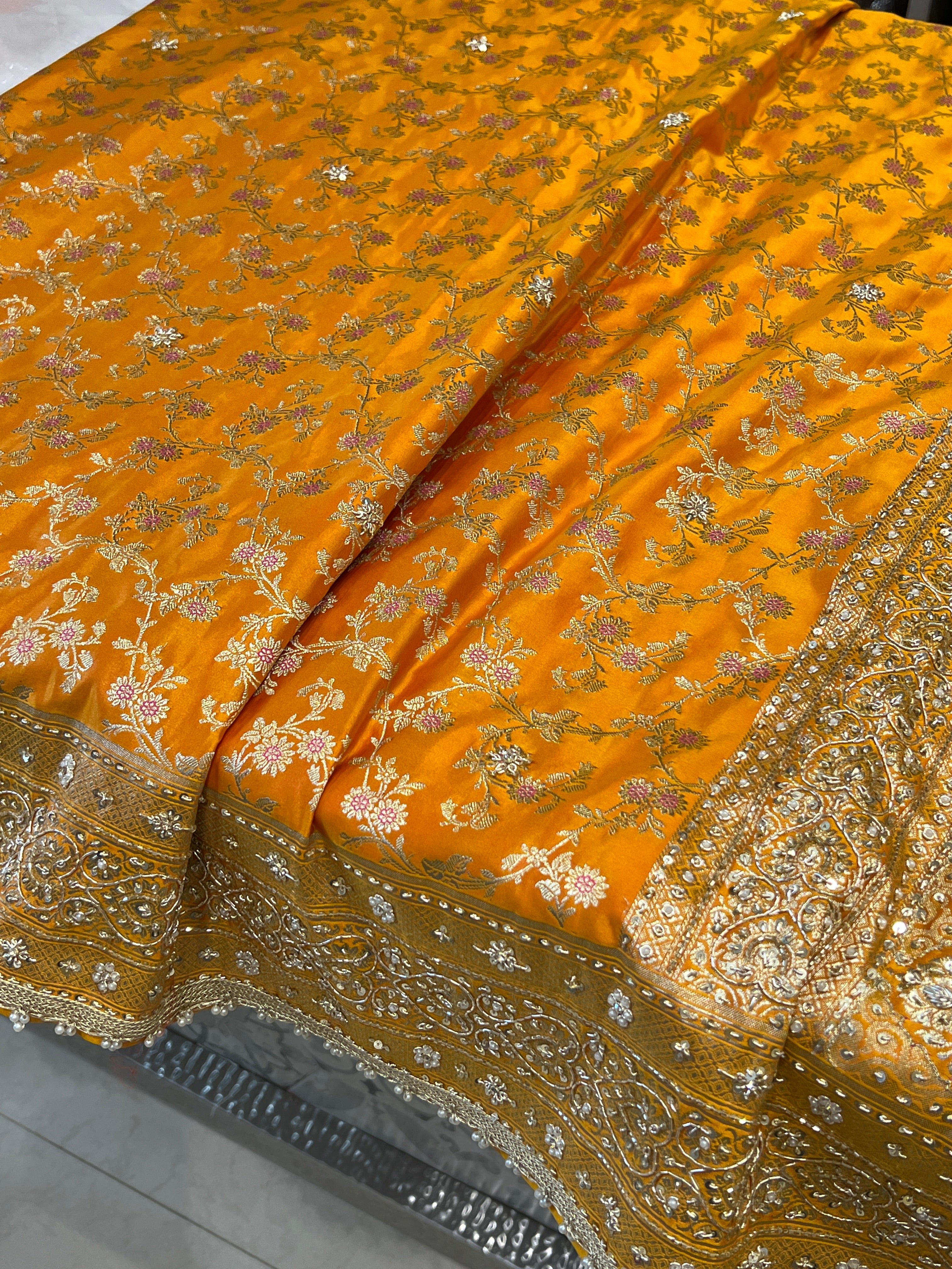 Mango Yellow Banarasi Heart Border Hand Embroidery Saree