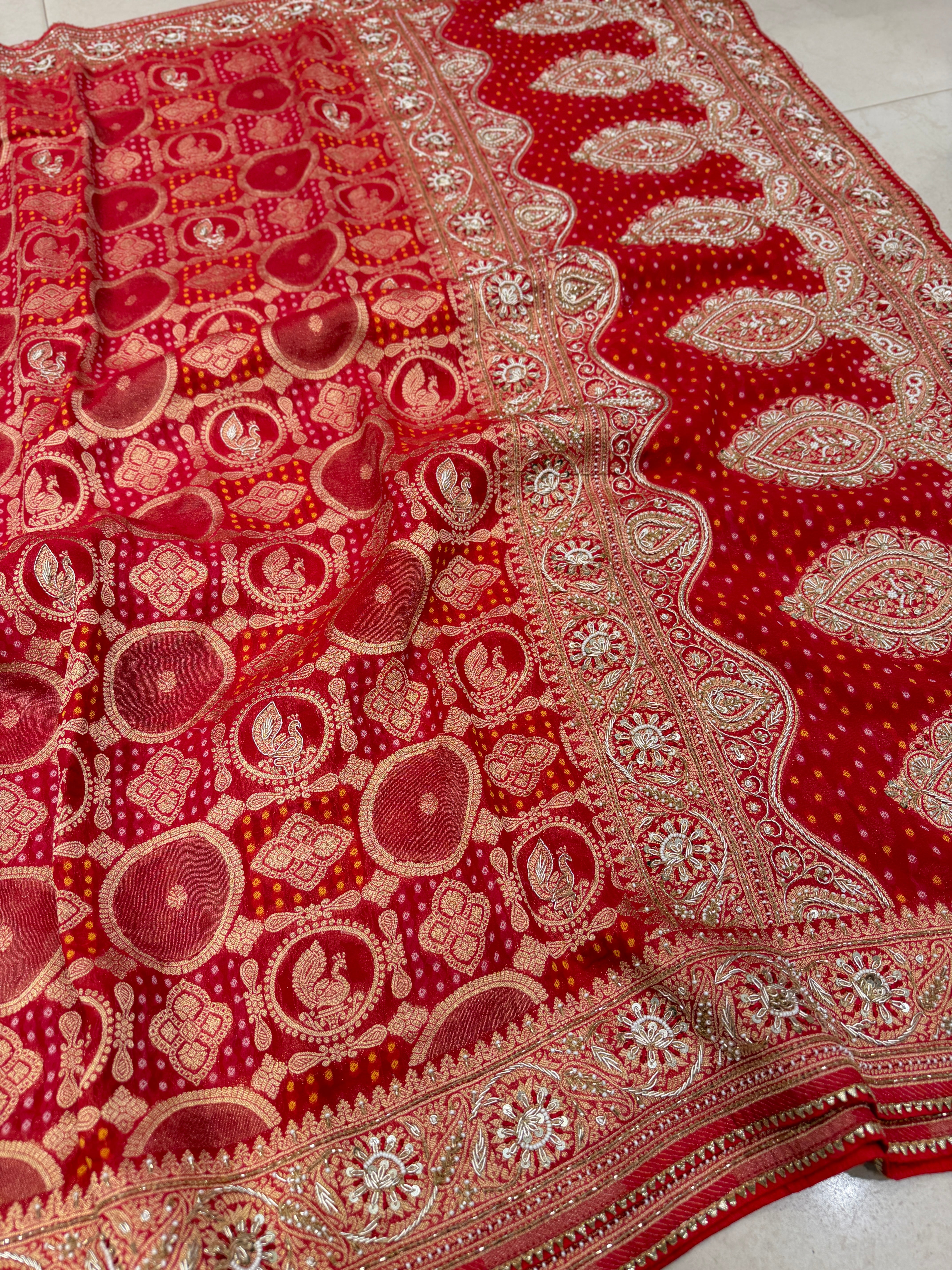 Red Woven Bandhej Zardodi Hand Embroidery Saree