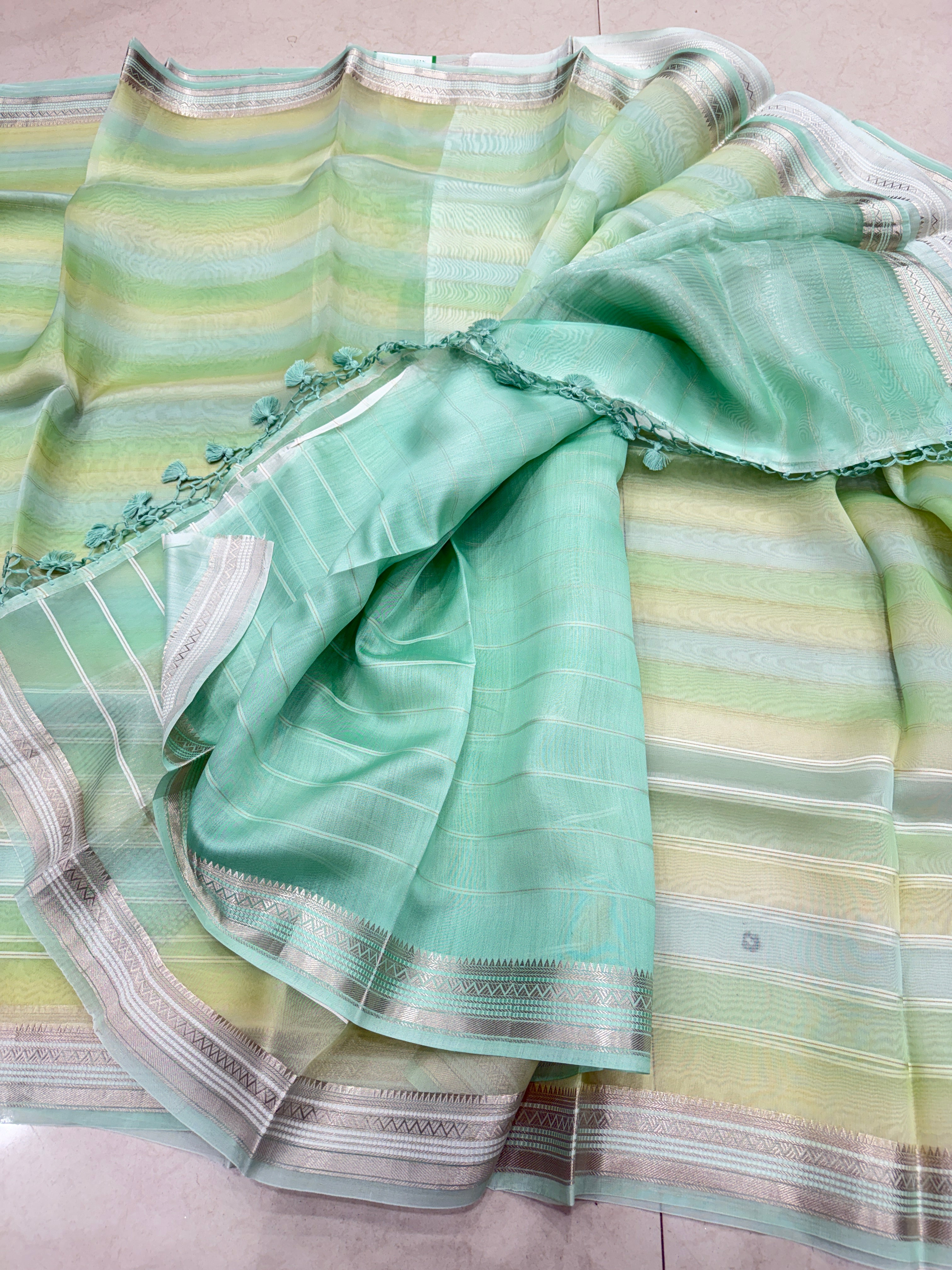 Green Shaded Leheriya Handloom Pure Kora Silk Banarasi Saree