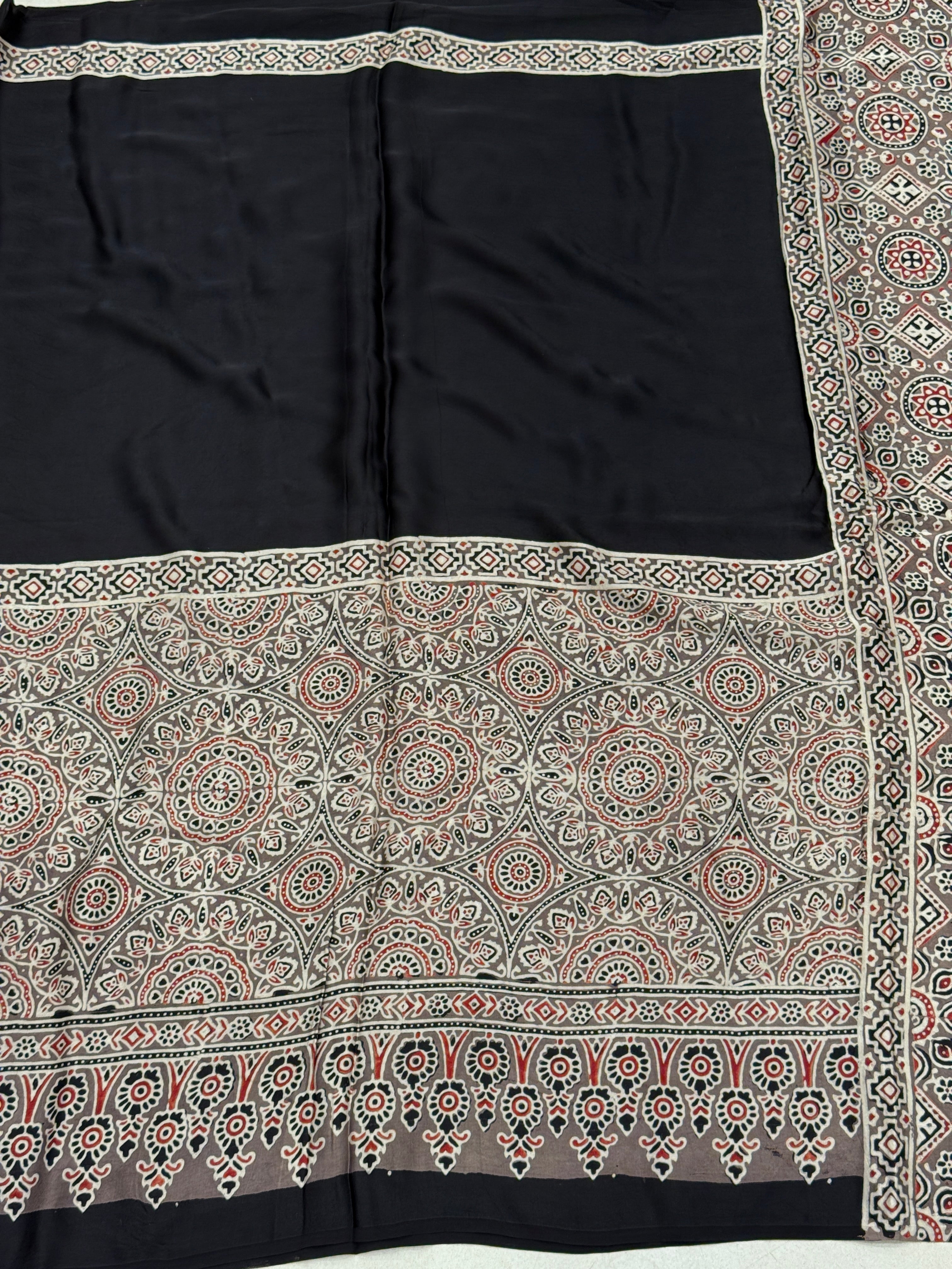 Black Half Contemporary Ajrakh Block Print Hand Pure Gajji Silk Saree