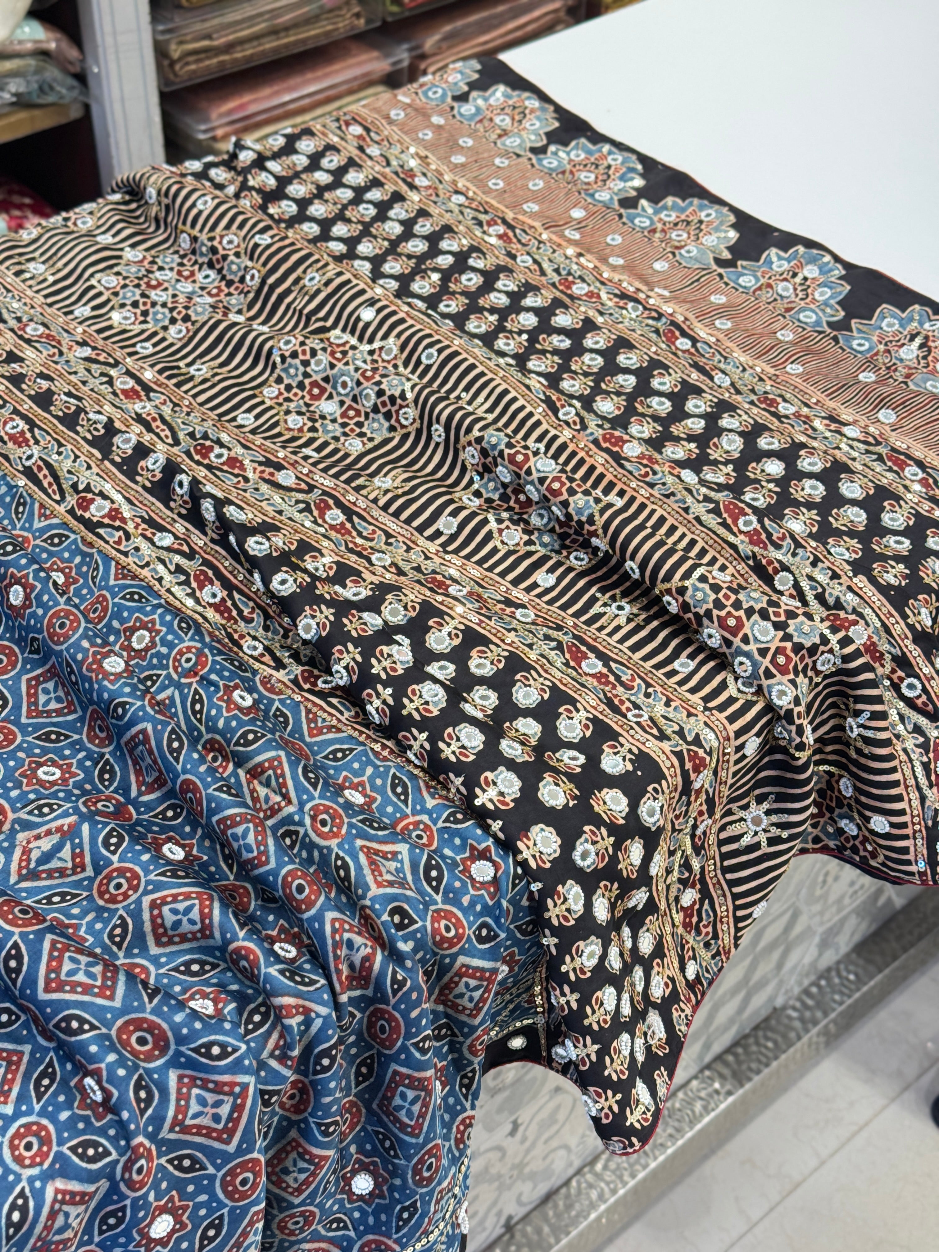 Blue Black Jaal Ajrakh Real Mirror Moti Sequin Hand Embroidery Saree