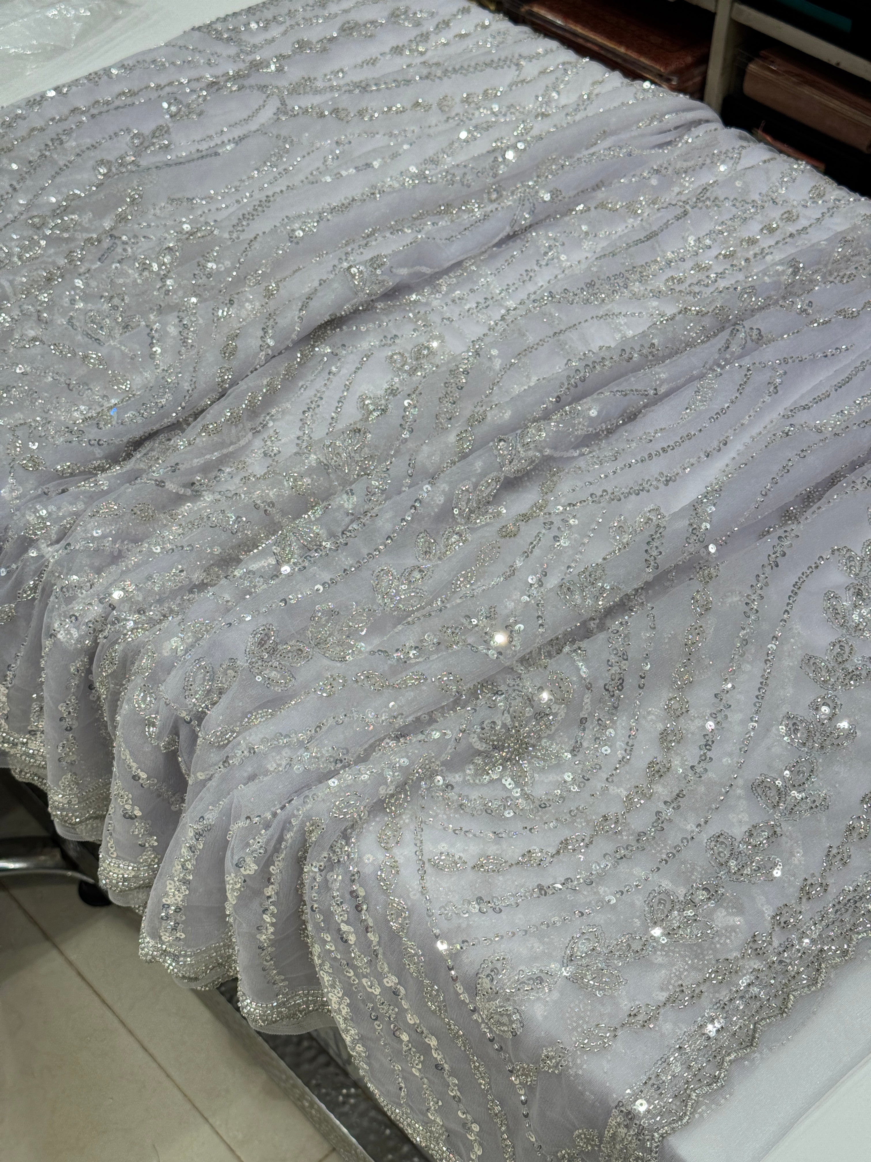 Lilac Soft Net Sequin Moti Embroidery Saree