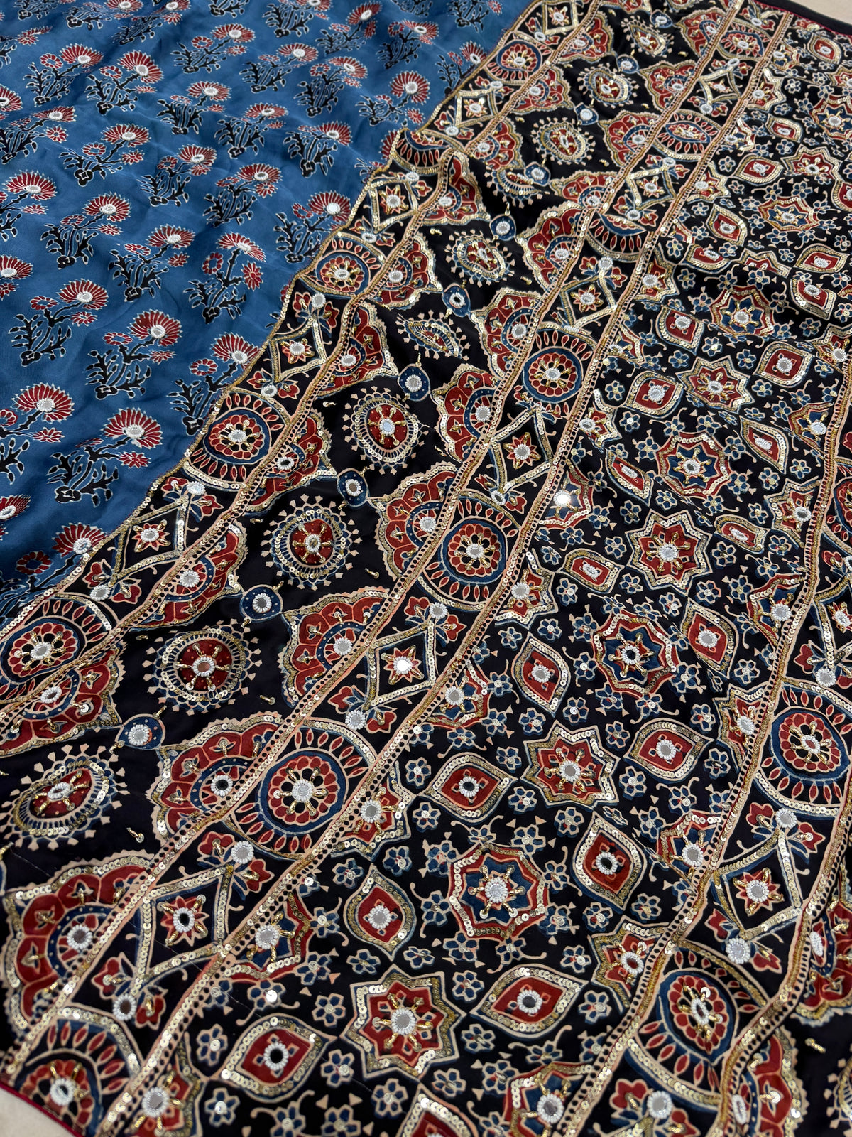 Blue Black Butta Ajrakh Real Mirror Moti Sequin Hand Embroidery Saree