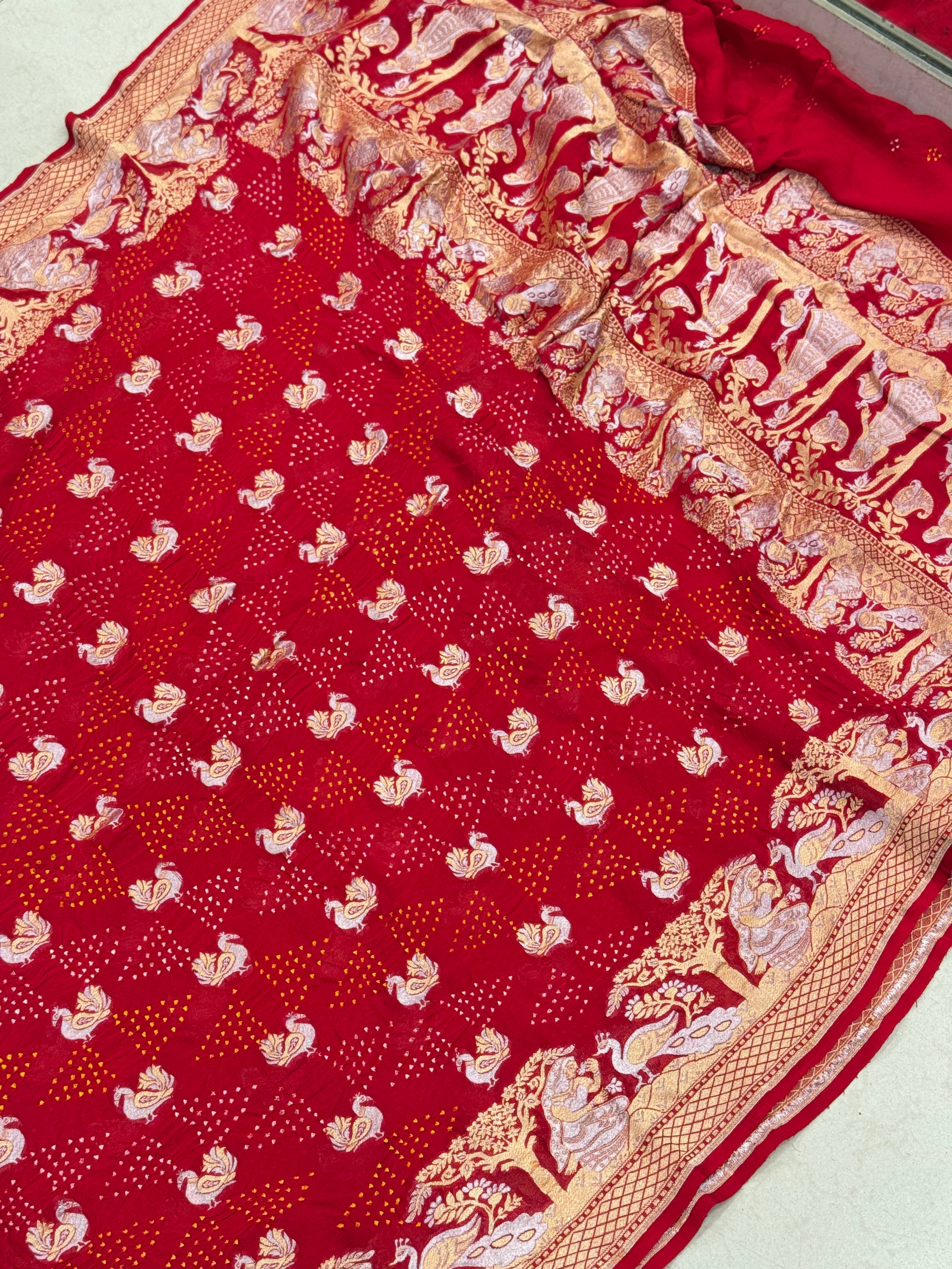 Red Sona Roopa Handmade Bandhej Saree