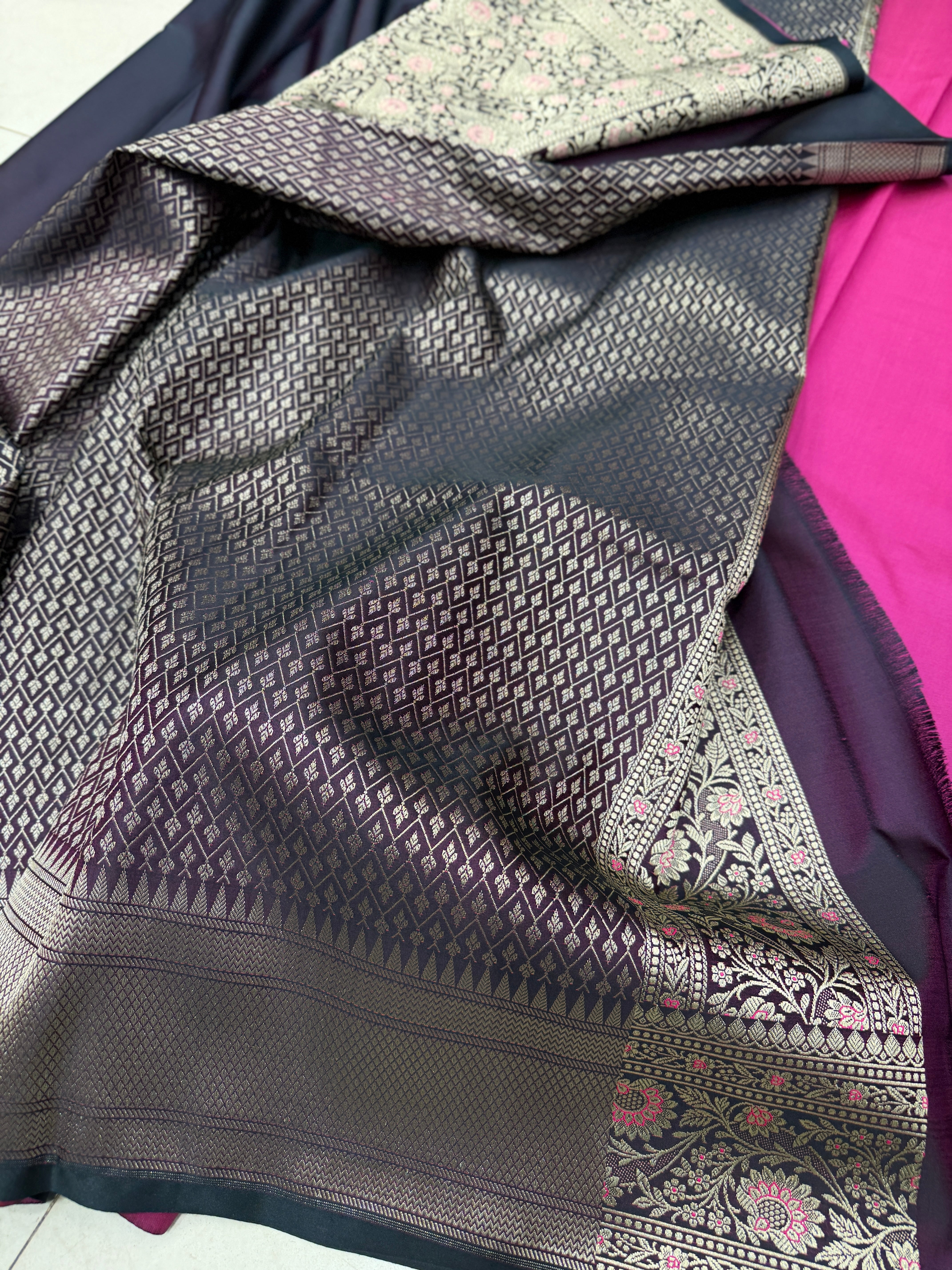 Dark Wine Upside Down Banarasi Raw Mango Style Plain Silk Saree