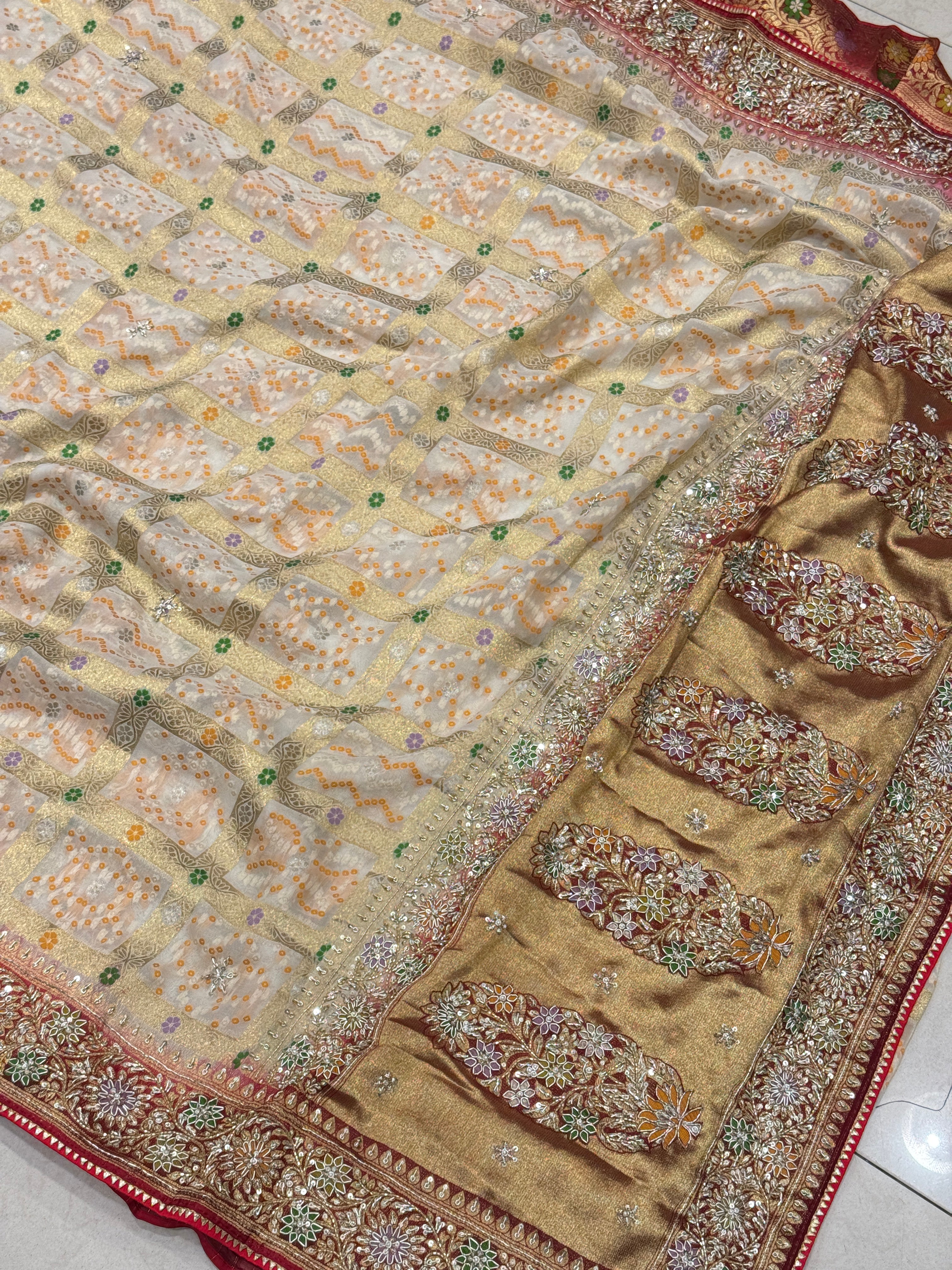 Beige Red Meenakari Gharchola Zardosi Embroidery Saree
