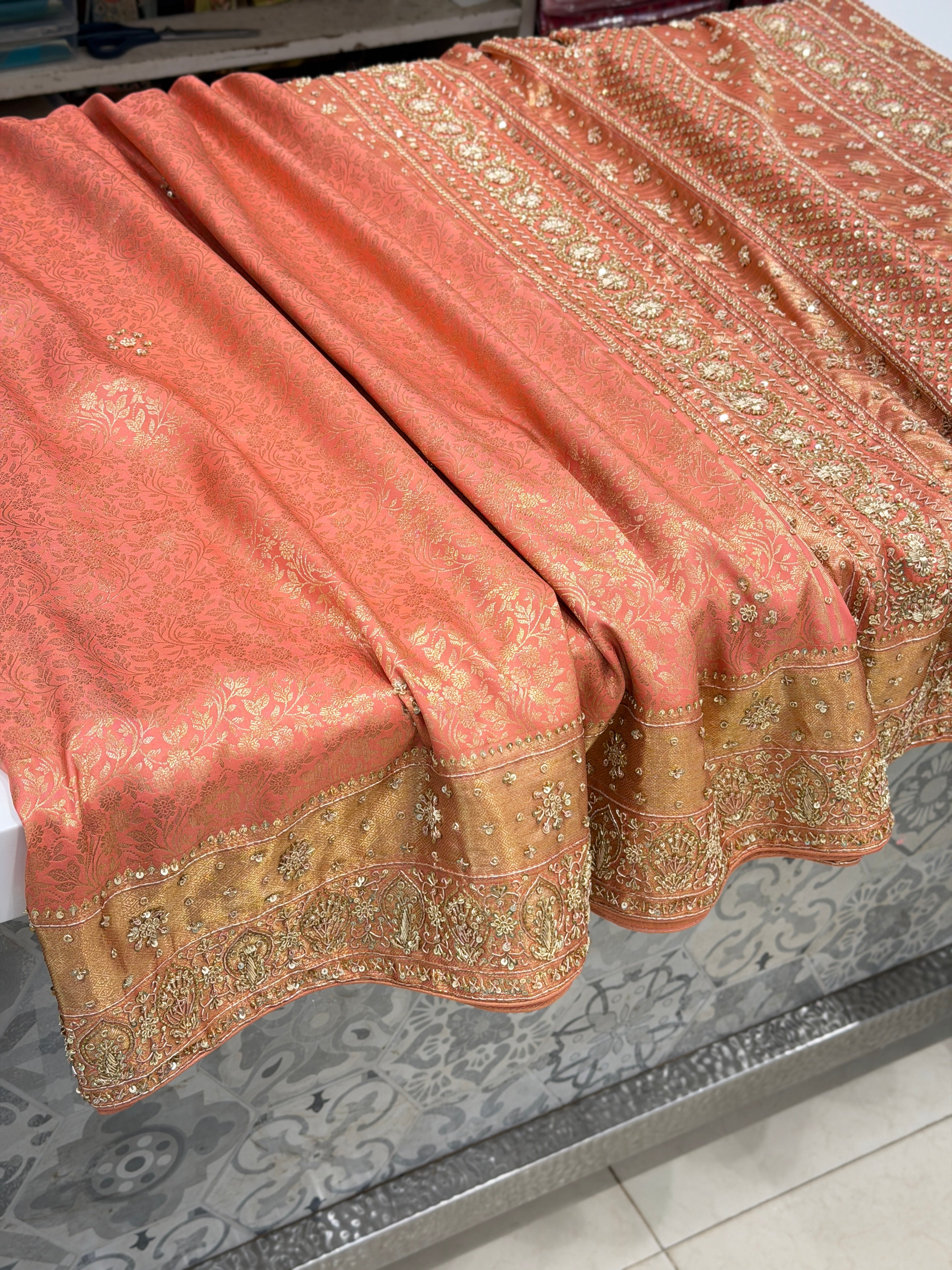 Pastel Peachish Pink Kanjivaram Zardosi Hand Embroidery Saree