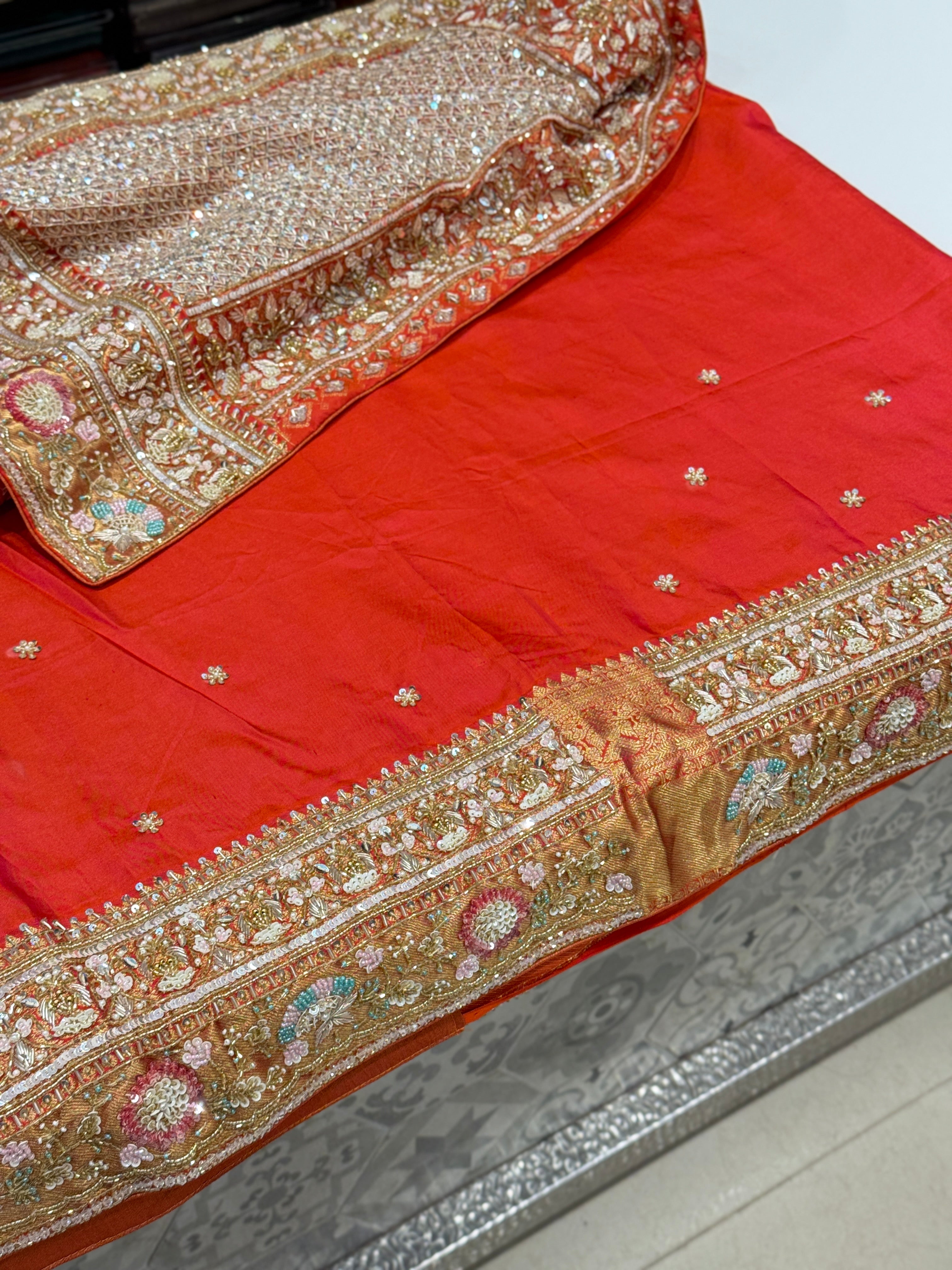 Rust Orange Kanjivaram Hand Embroidery Saree