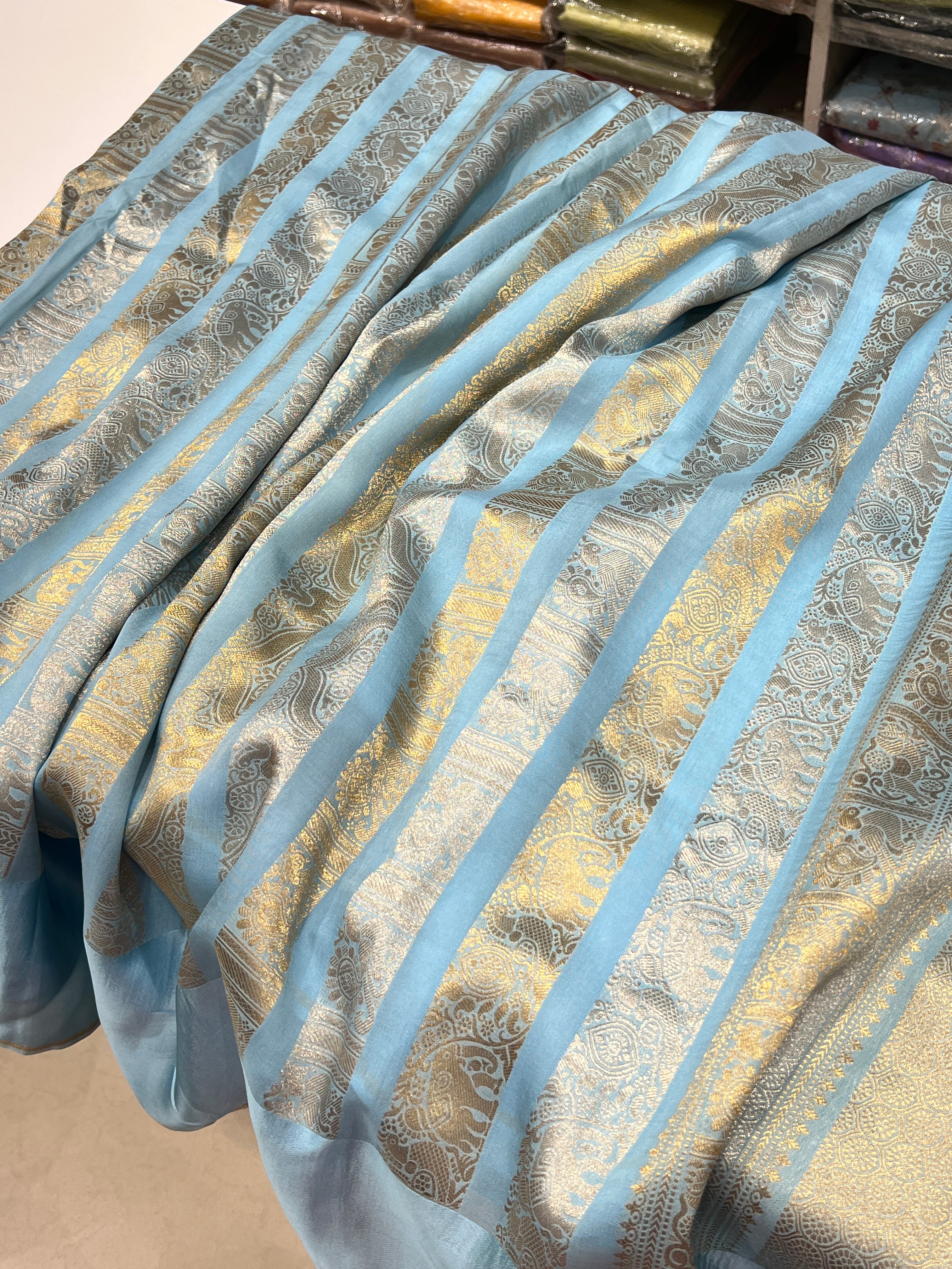 Nita Ambani Inspired Powder Blue Contemporary Banarasi Saree