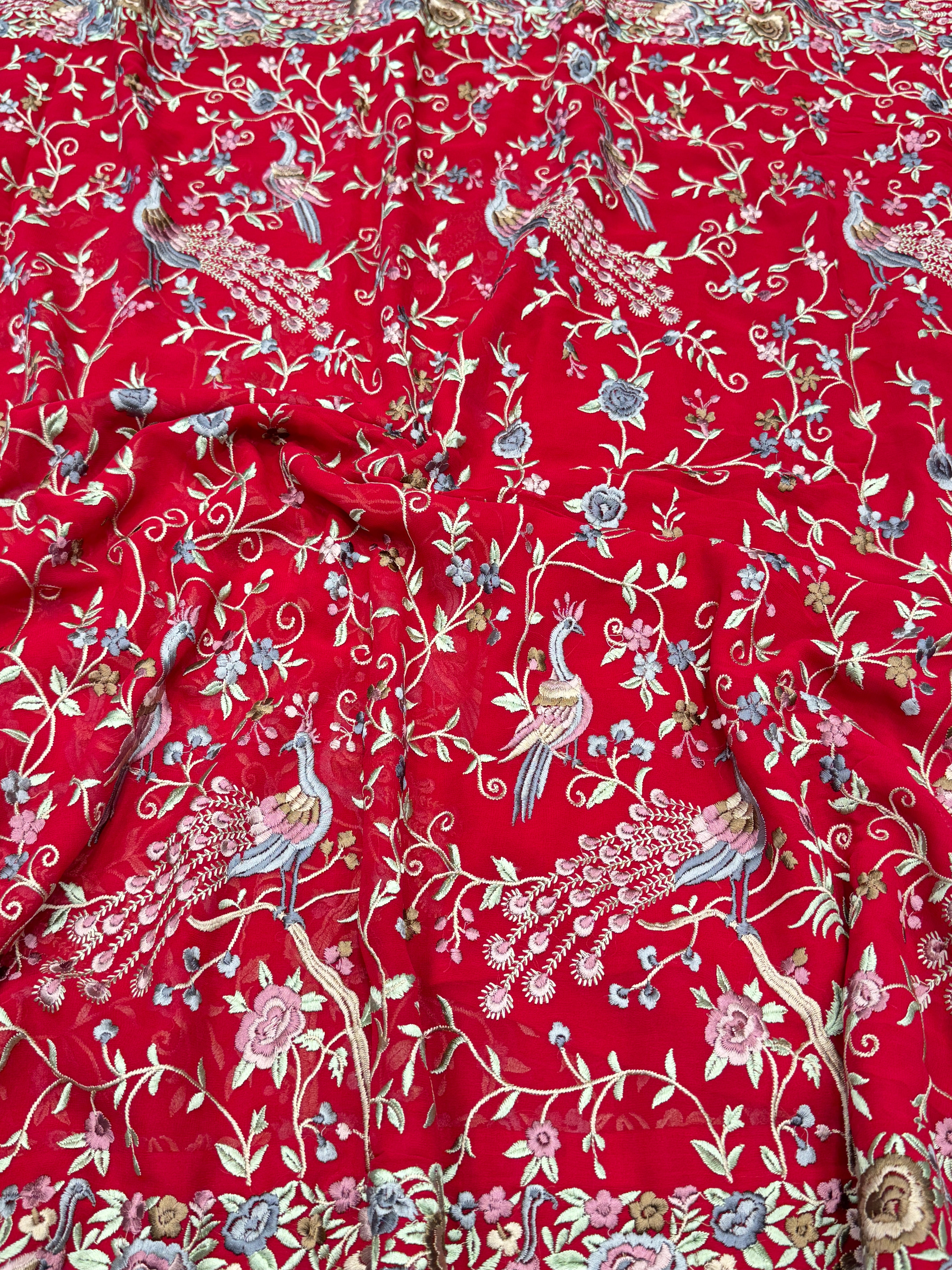 Red Georgette Parsi Gara Peacocks Saree