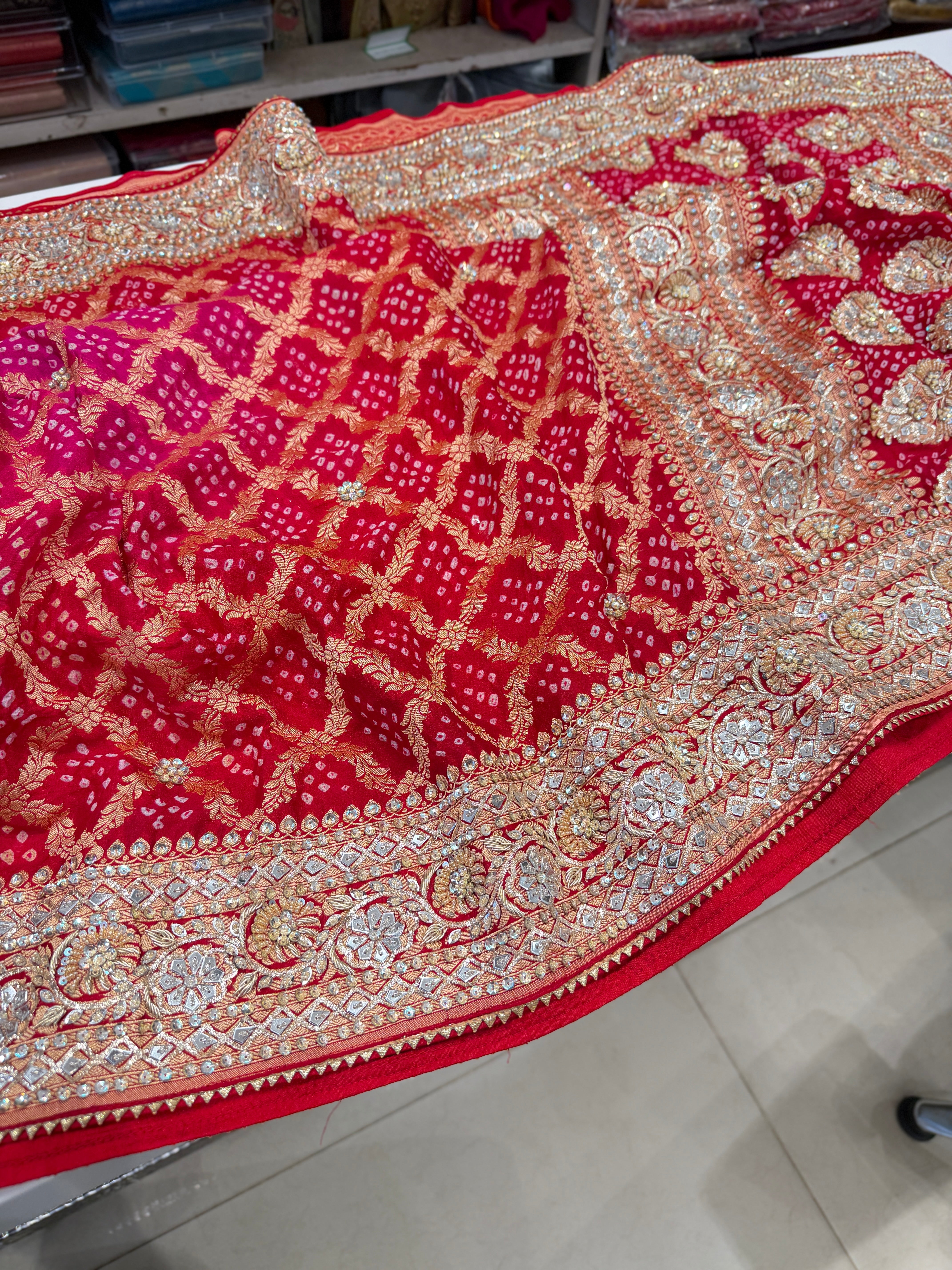 Red Rani Shaded Bandhej Zardosi Pita Hand Embroidery Saree
