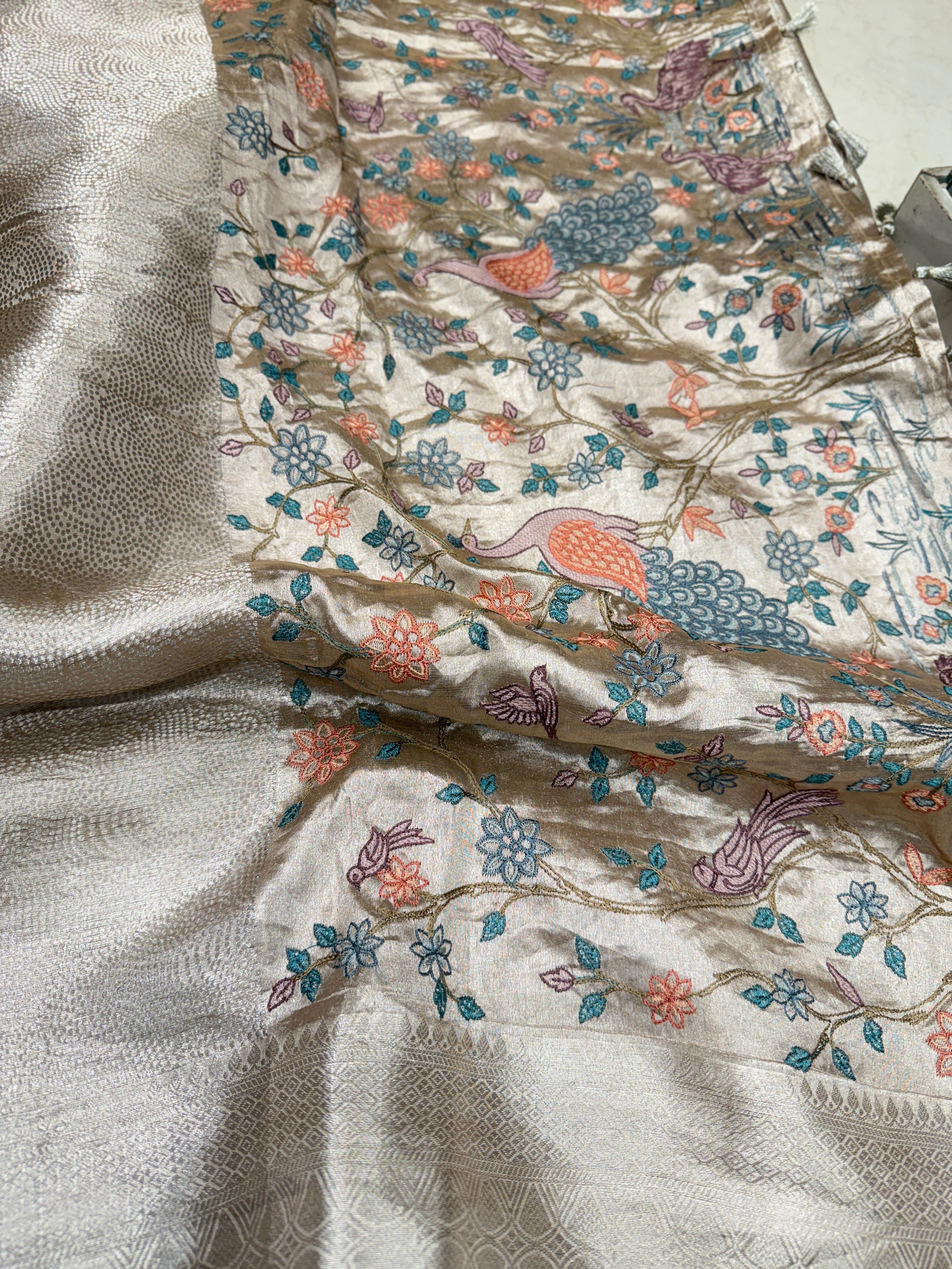 Cement Silver Handloom Tissue Peacock Contemporary Resham Embroidery Saree