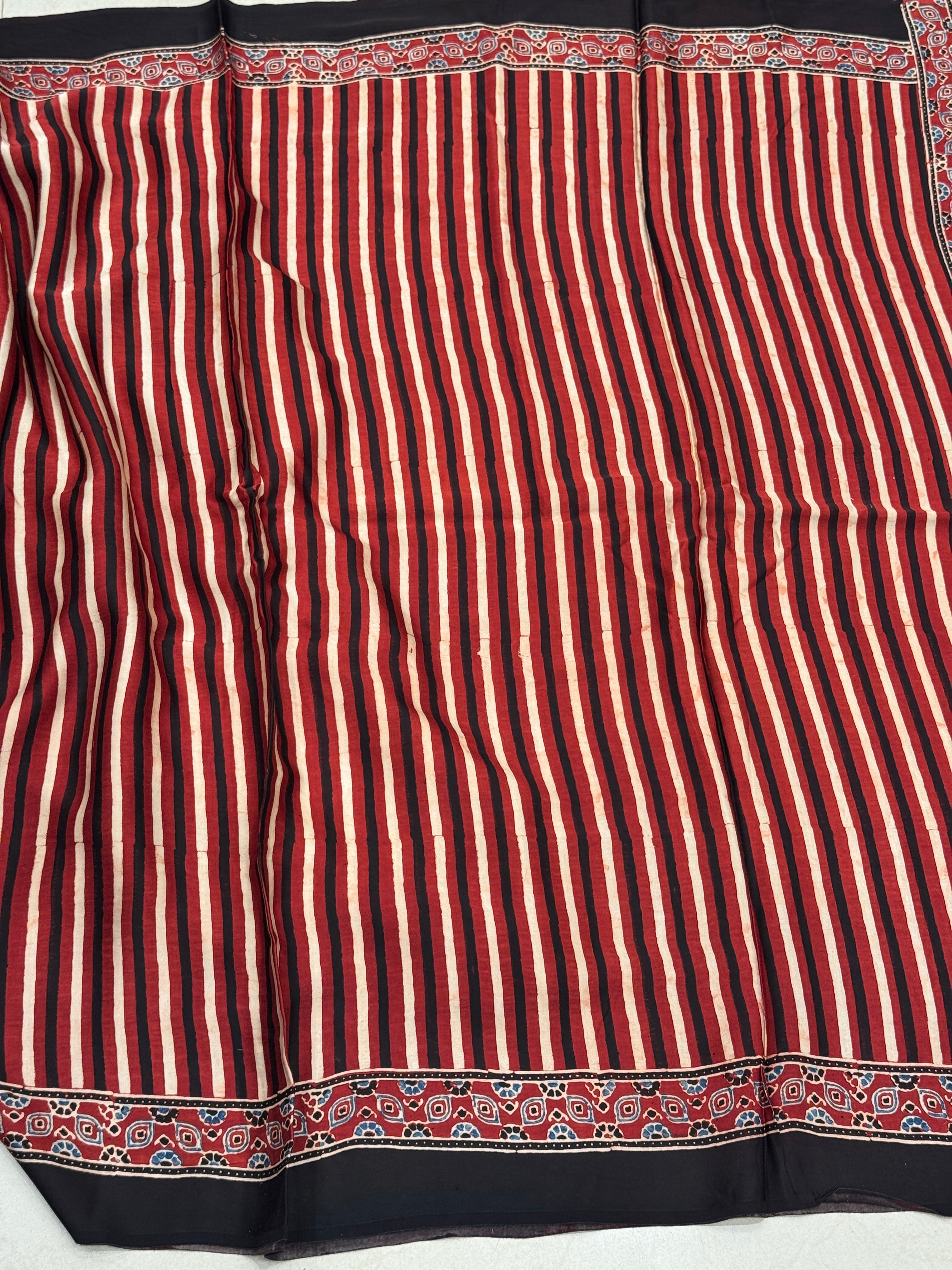 Red White Contemporary Hand Block Print Ajrkah Pure Gajji Silk Saree