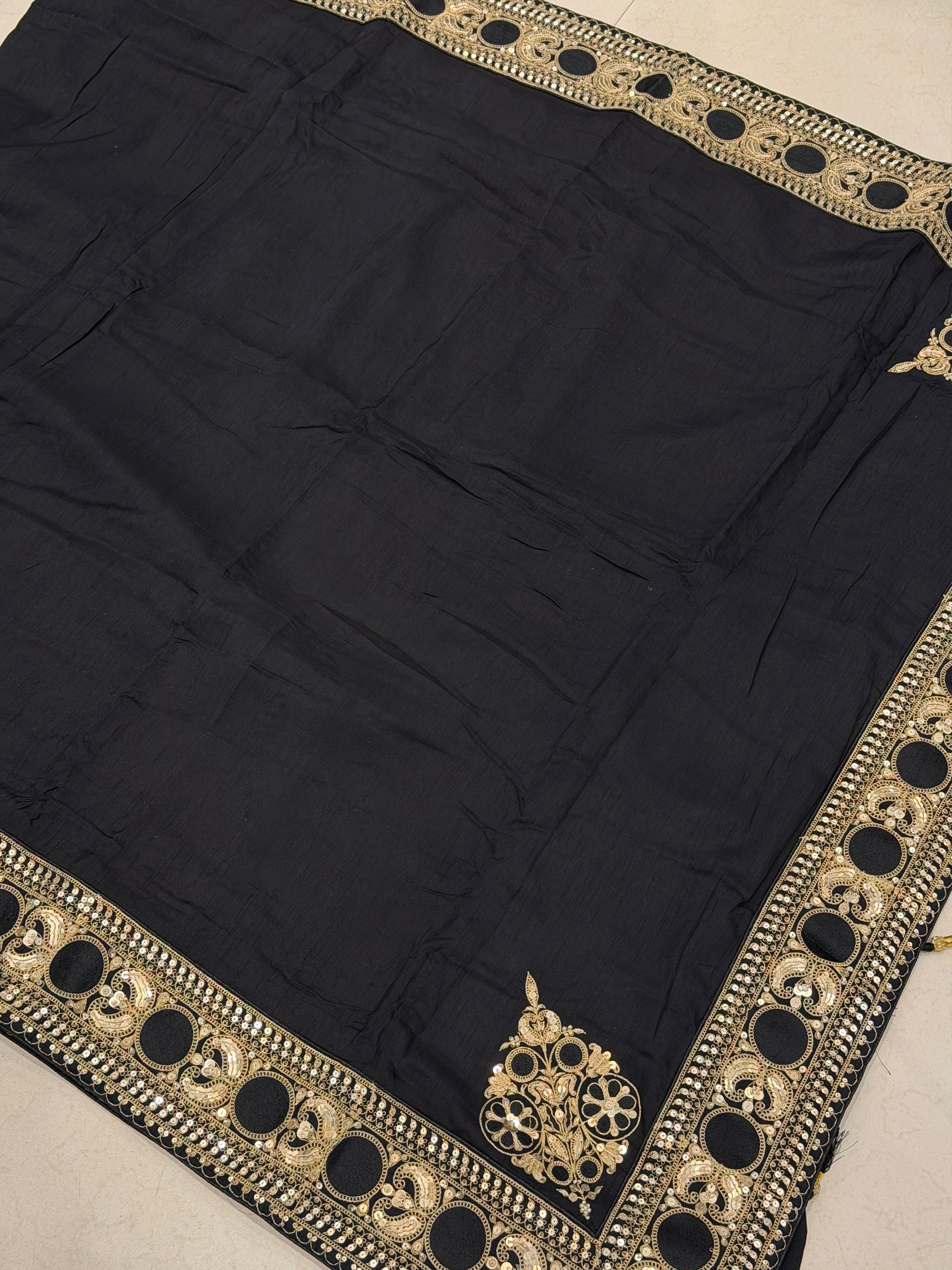 Black Sabyasachi Inspired Marodi Embroidery Pure Silk Zardosi Saree