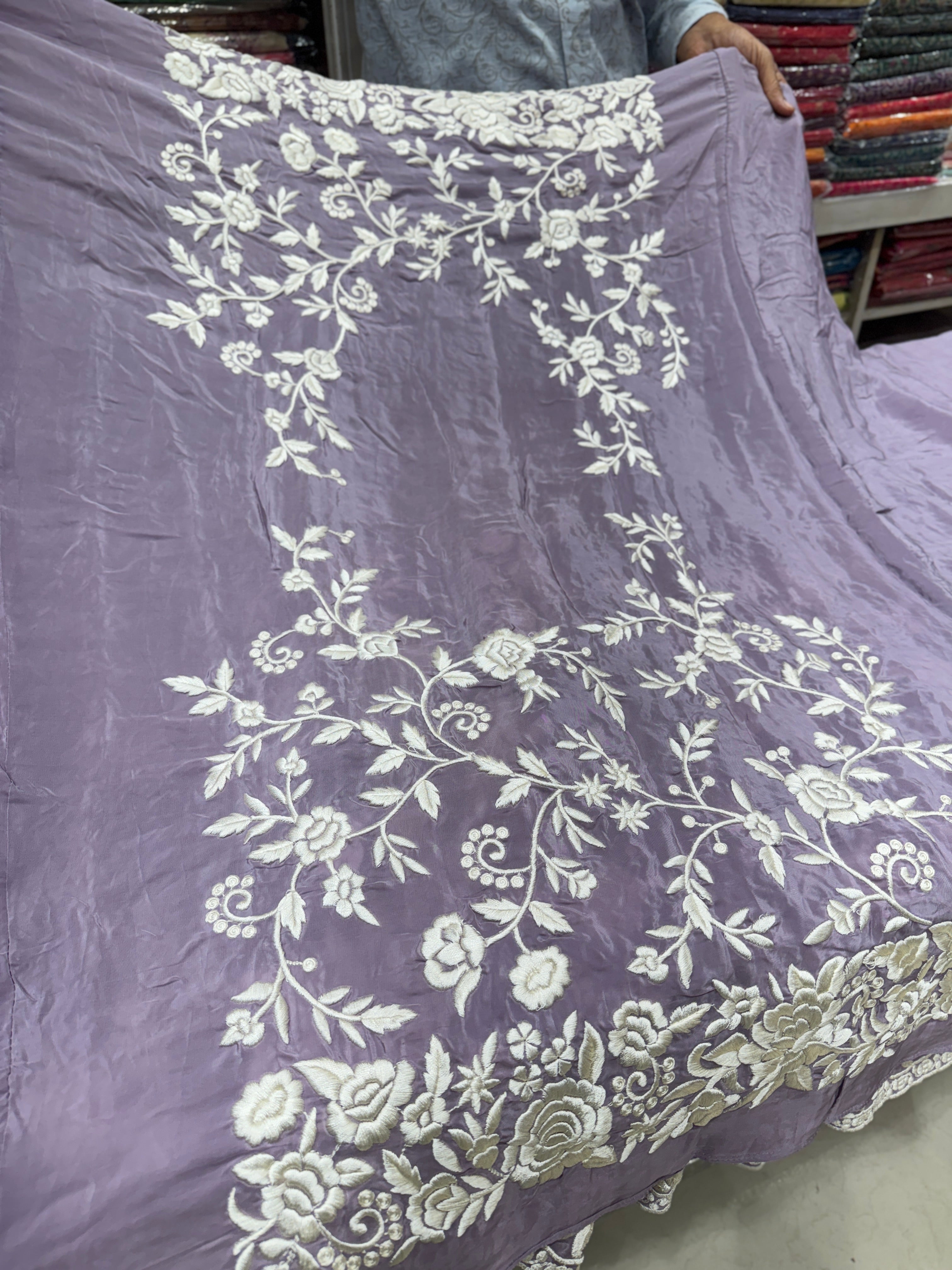 Lilac Crepe Floral Parsi Gara Saree