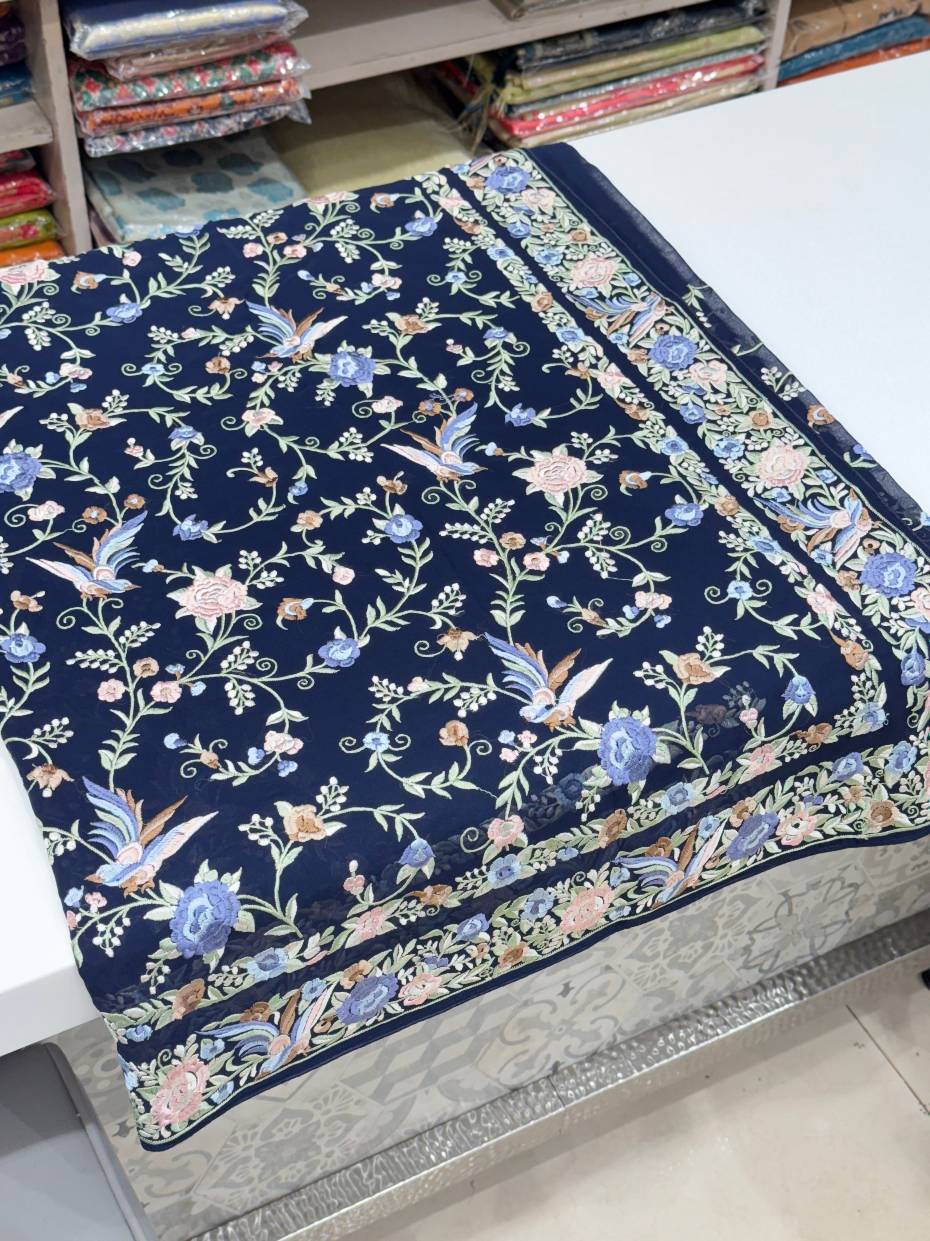 Blue Double Border Georgette Parsi Gara Saree