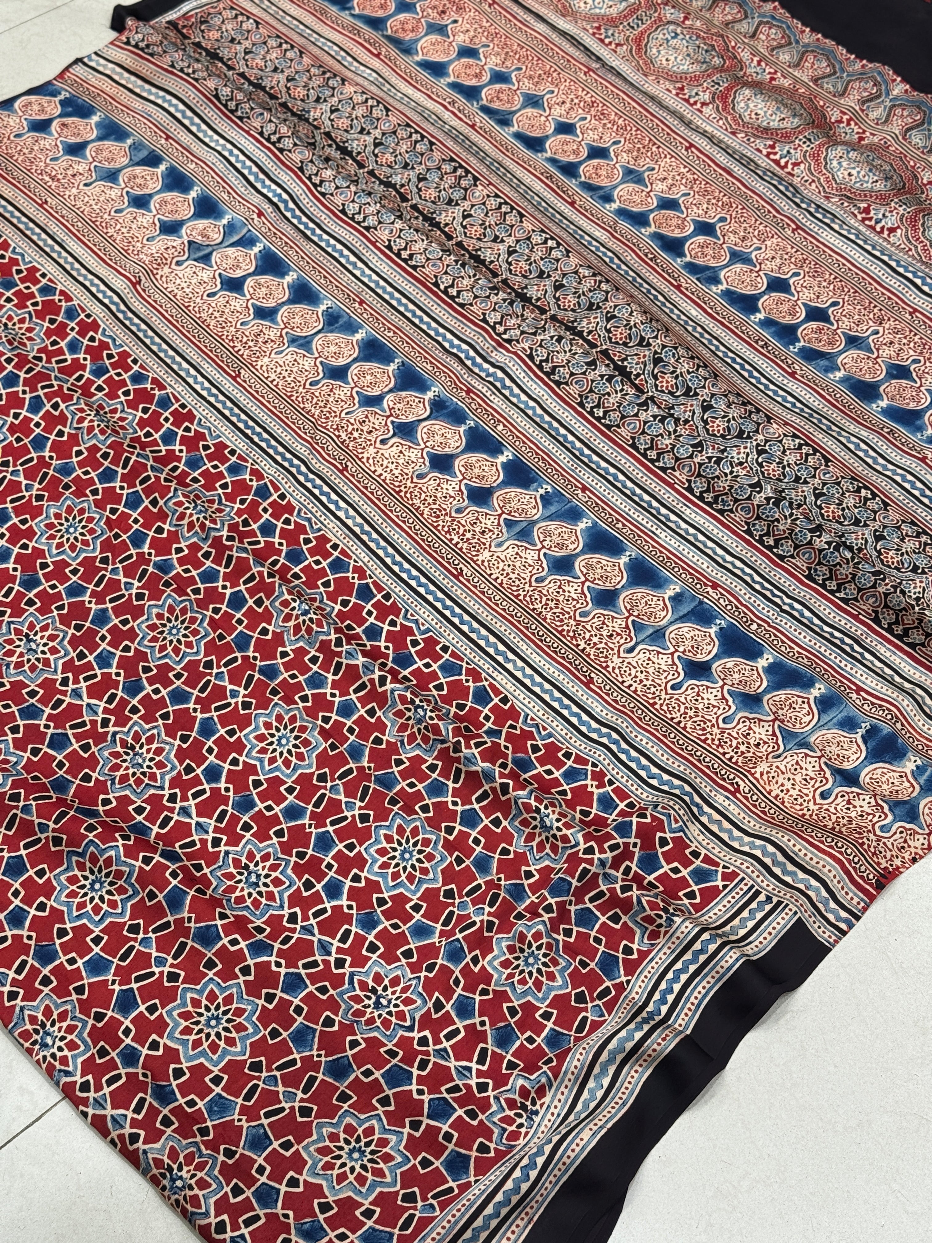 Red Contemporary Jaal Ajrakh Gajji Silk Hand Block Print Saree