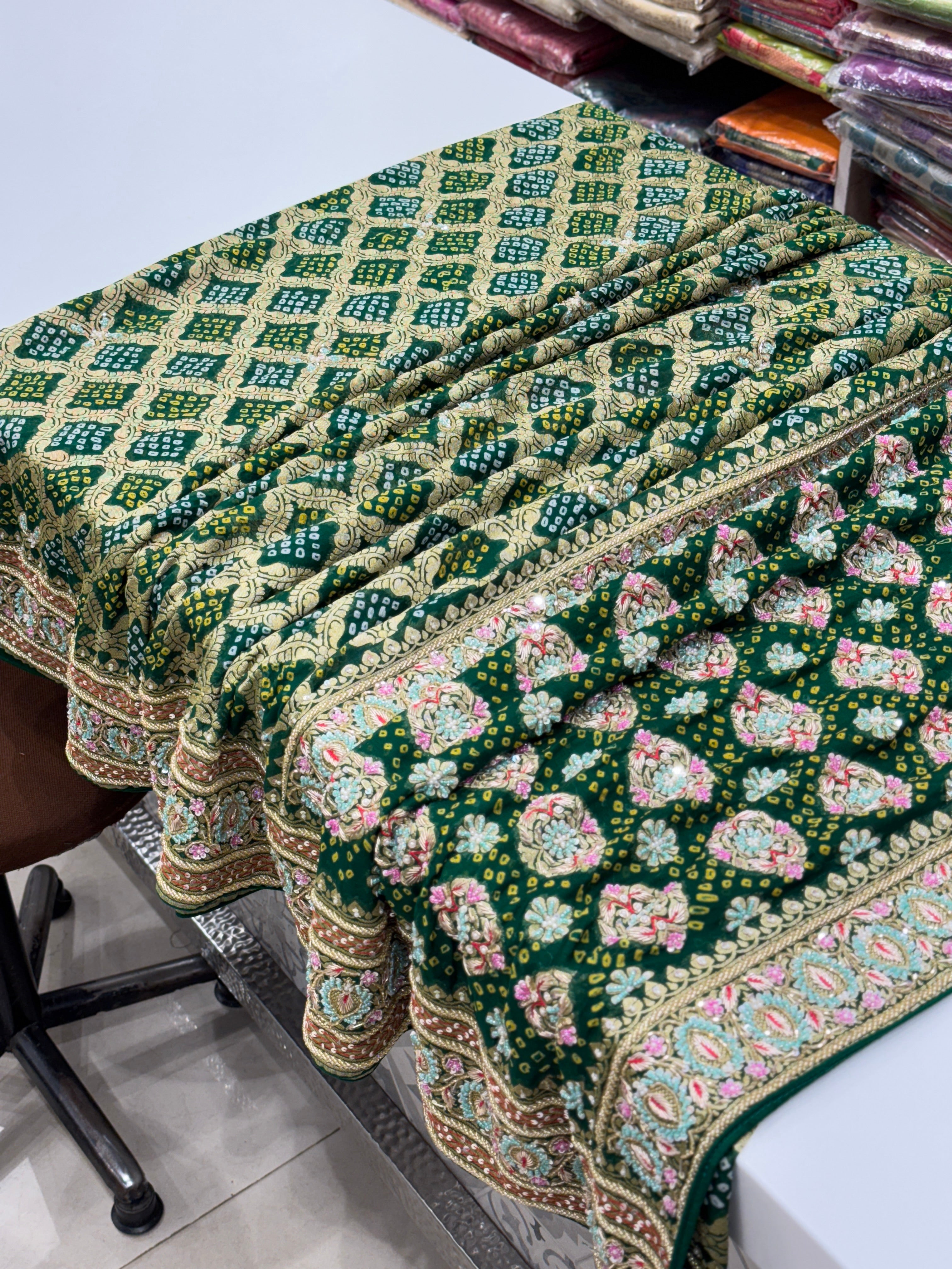 Bottle Green Bandhej Hand Embroidery Saree
