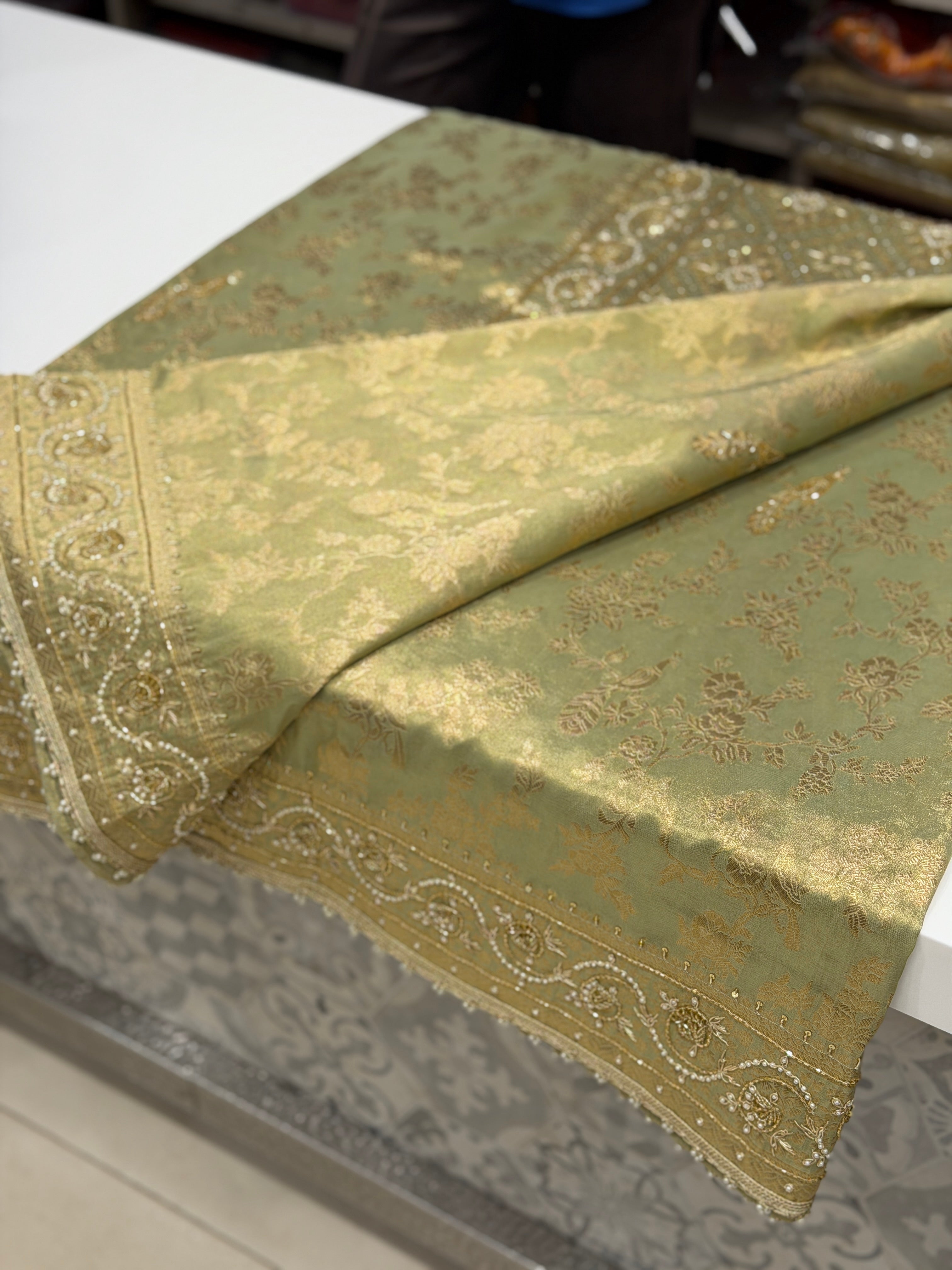 Pista Green Tissue Jaal Zardosi Moti Embroidery Saree