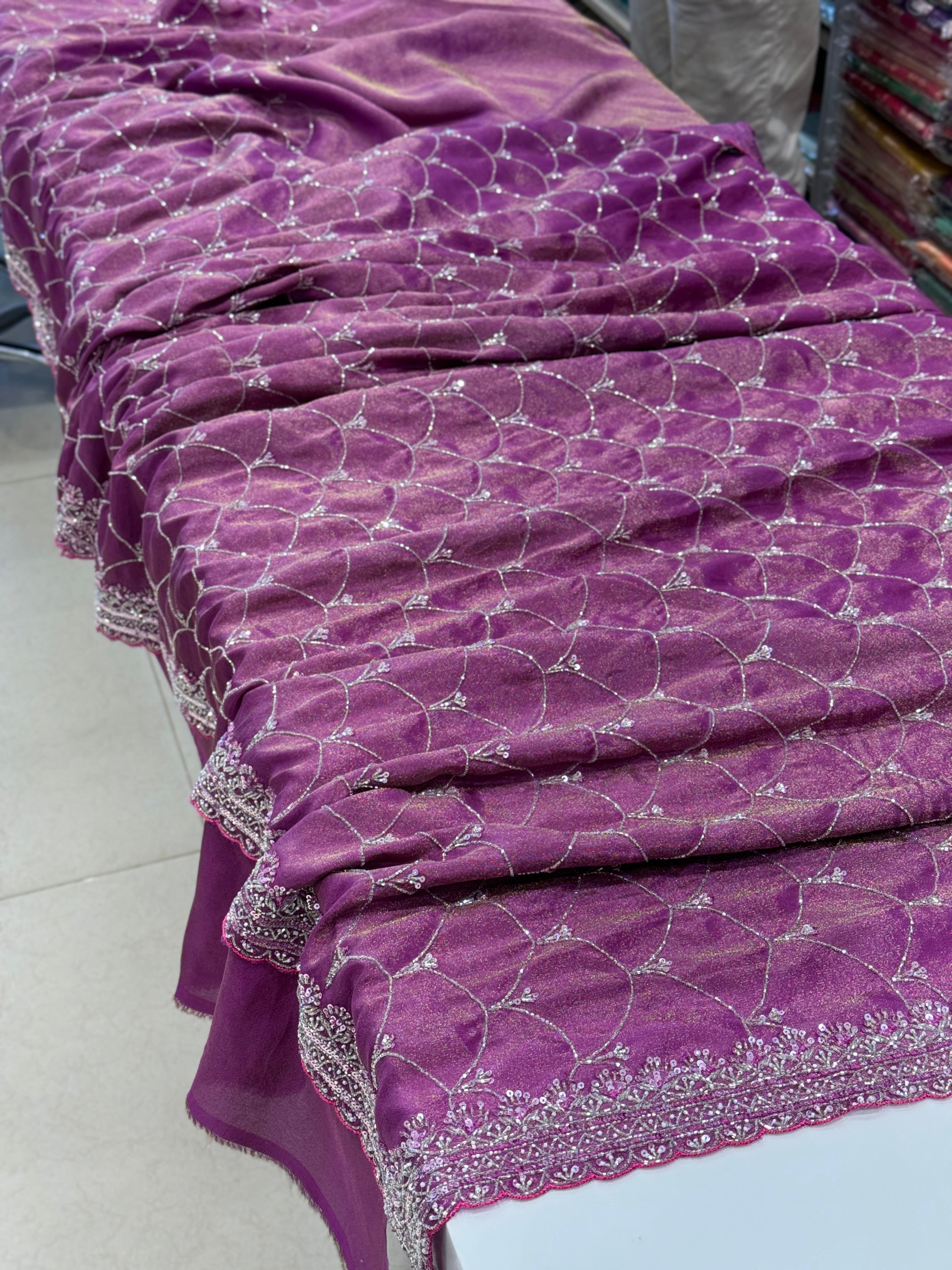 Cross Violet Rani Crepe Tissue Embroidery Saree