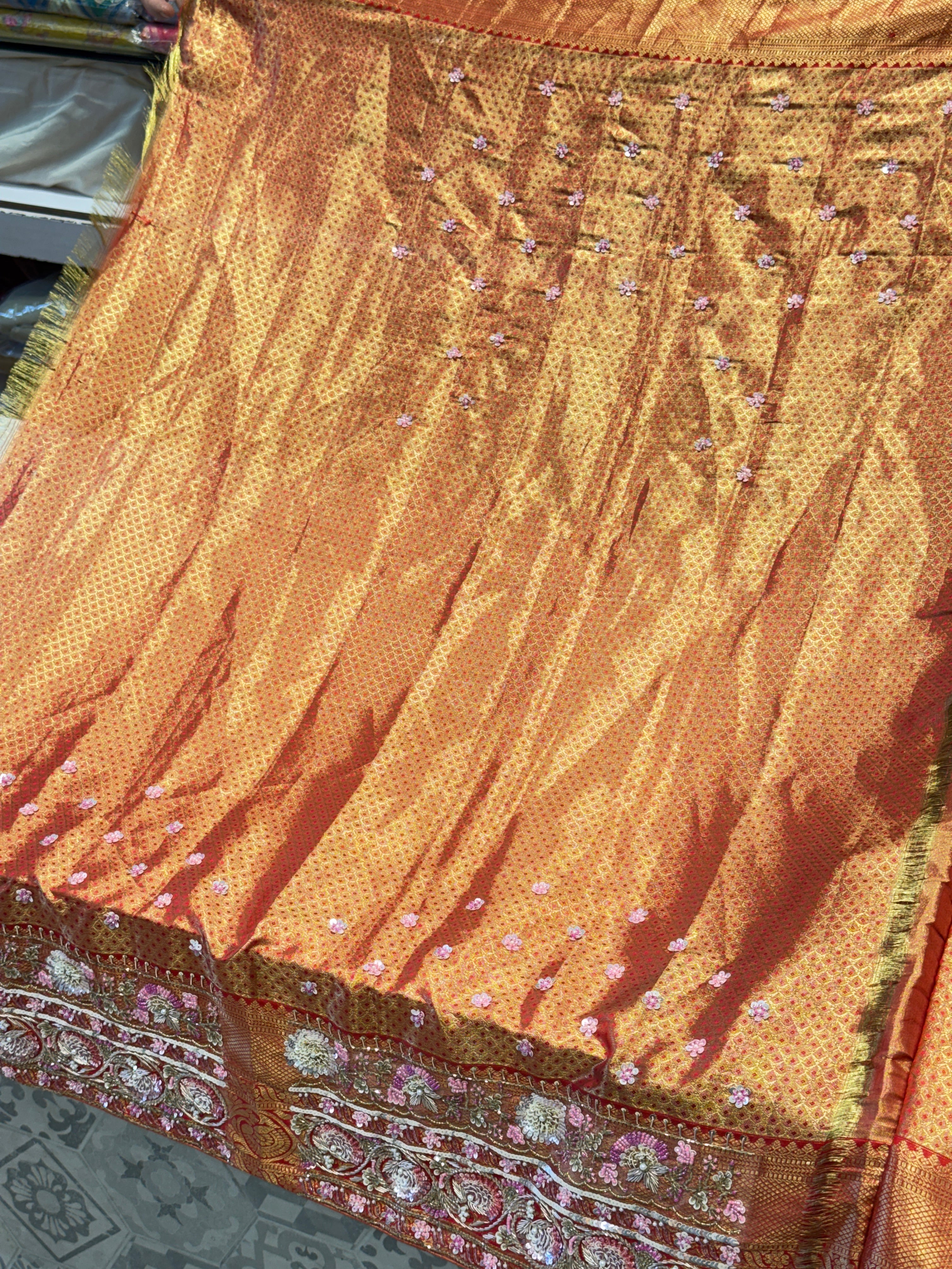 Red Golden Kanjivaram Moti Zardosi Hand Embroidery Saree