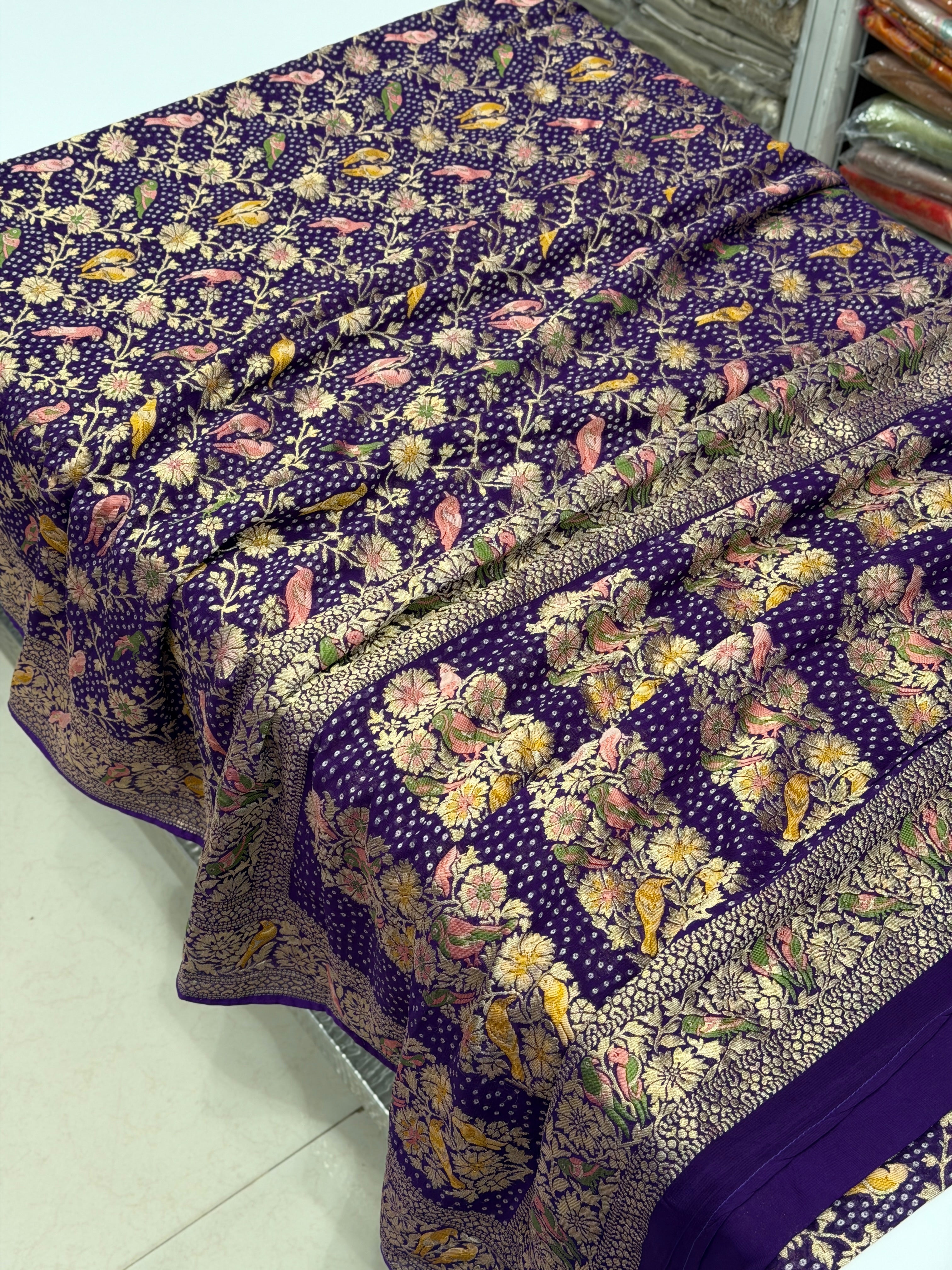 Violet Woven Bandhej Meenakari Parrot Motif Saree