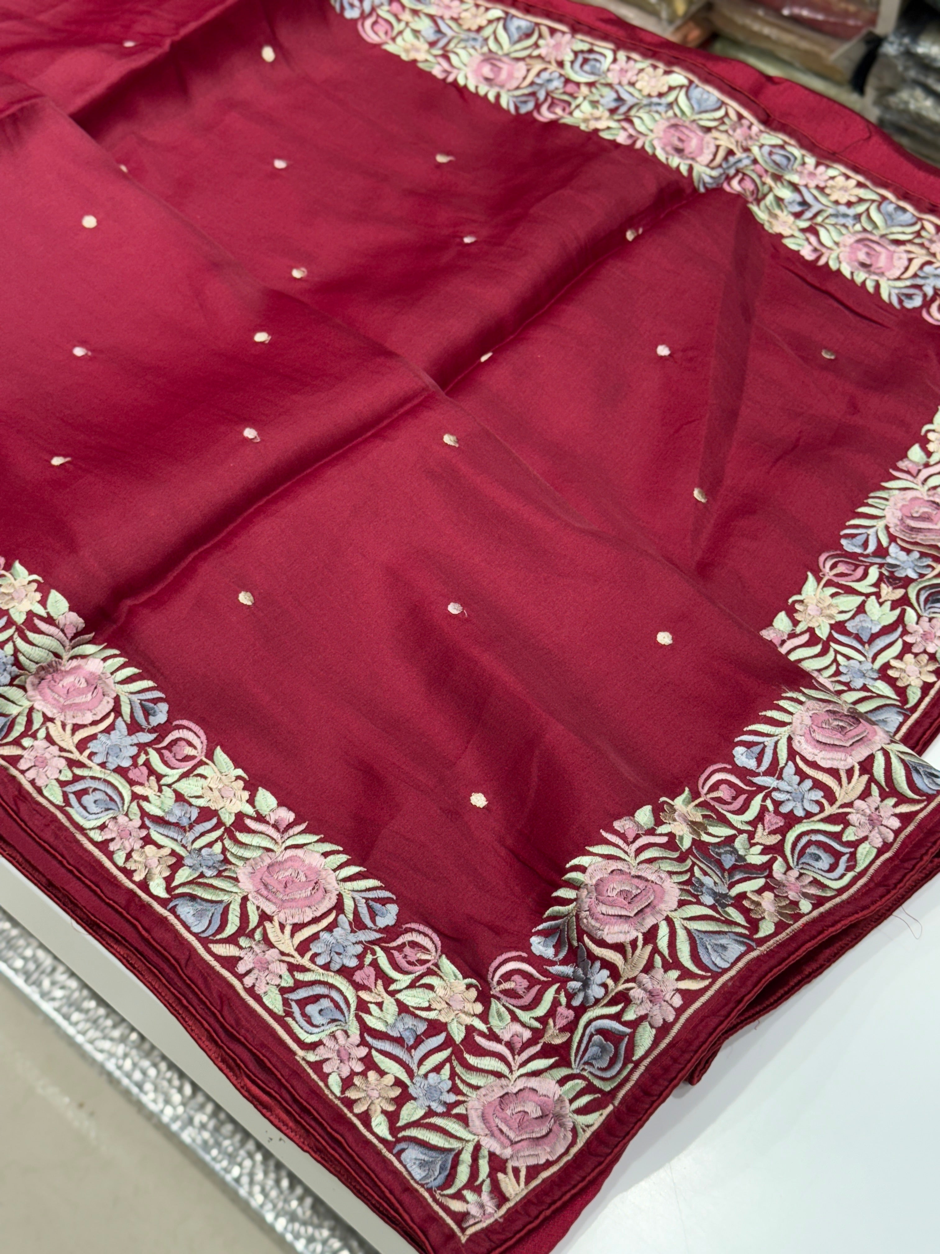 Maroon Silk Multi Colour Border Gara Border Saree