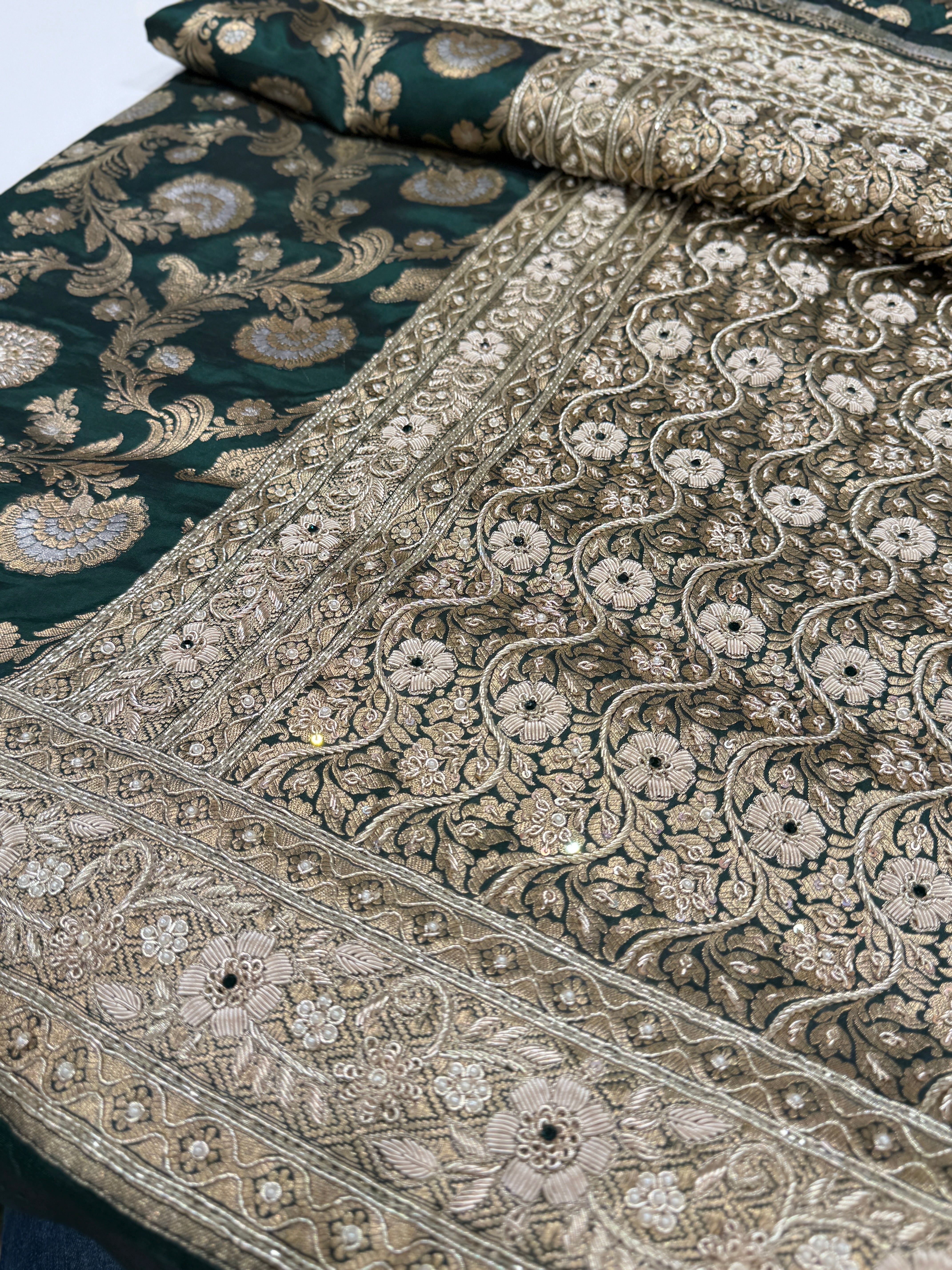 Bottle Green Banarasi Katan x Zardosi Hand Embroidery