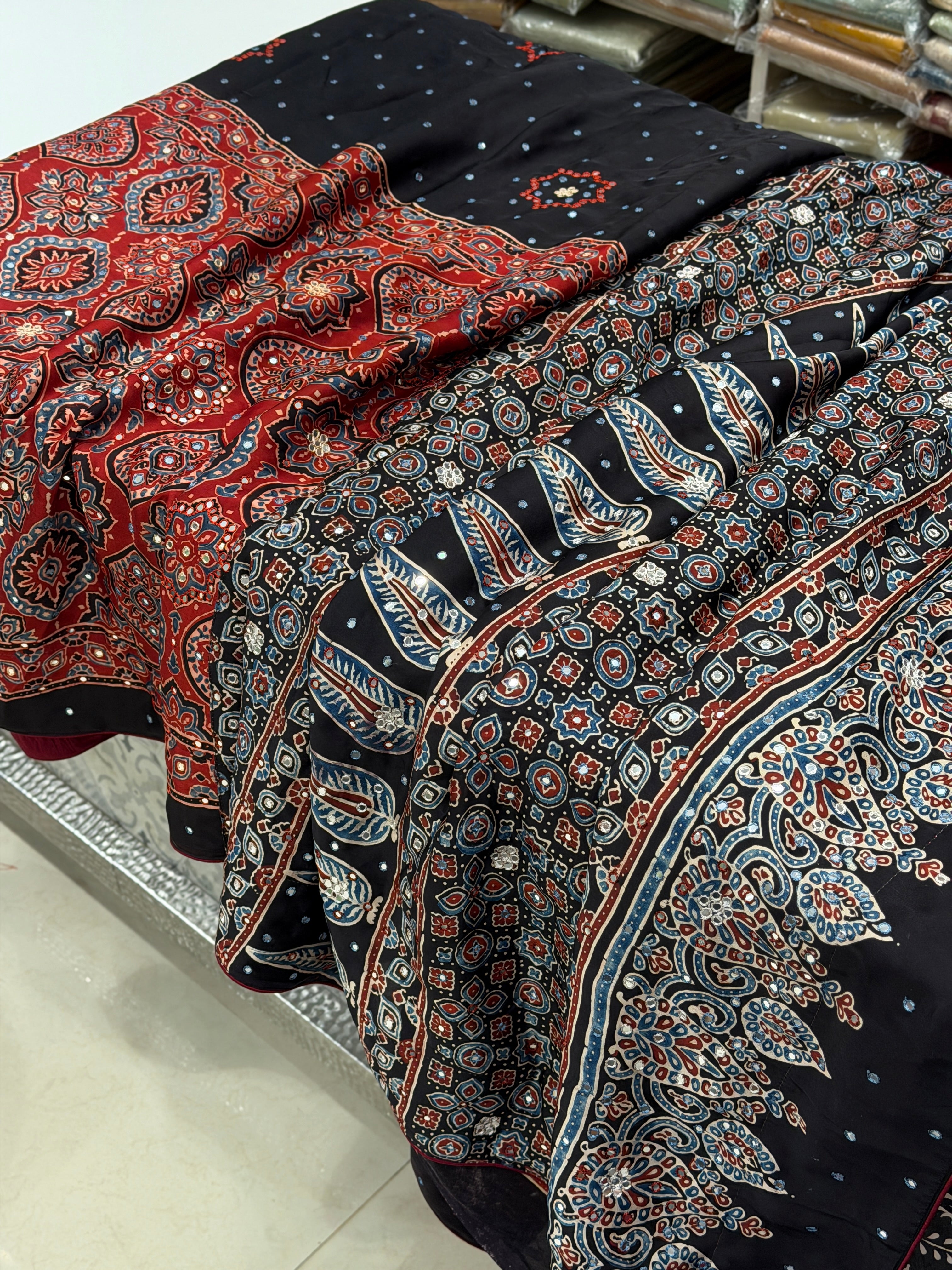 Red Black Badam Buttas Ajrakh Hand Embroidery Mirror Saree