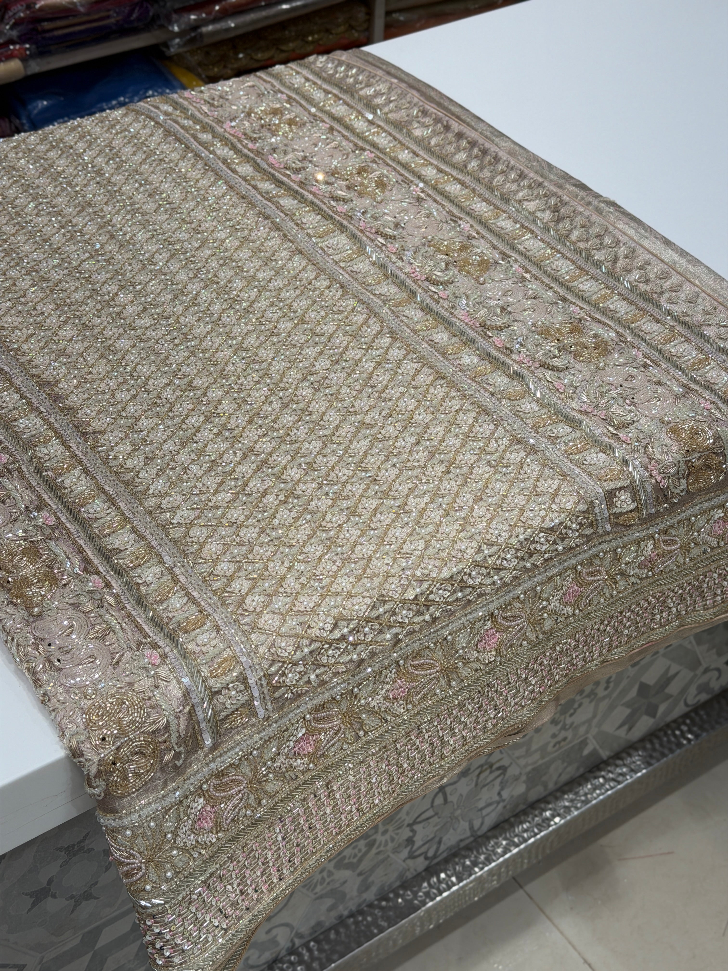 Pink Silver Kanjivaram Three Zari Hand Embroidery Zardosi Moti Sequin Saree