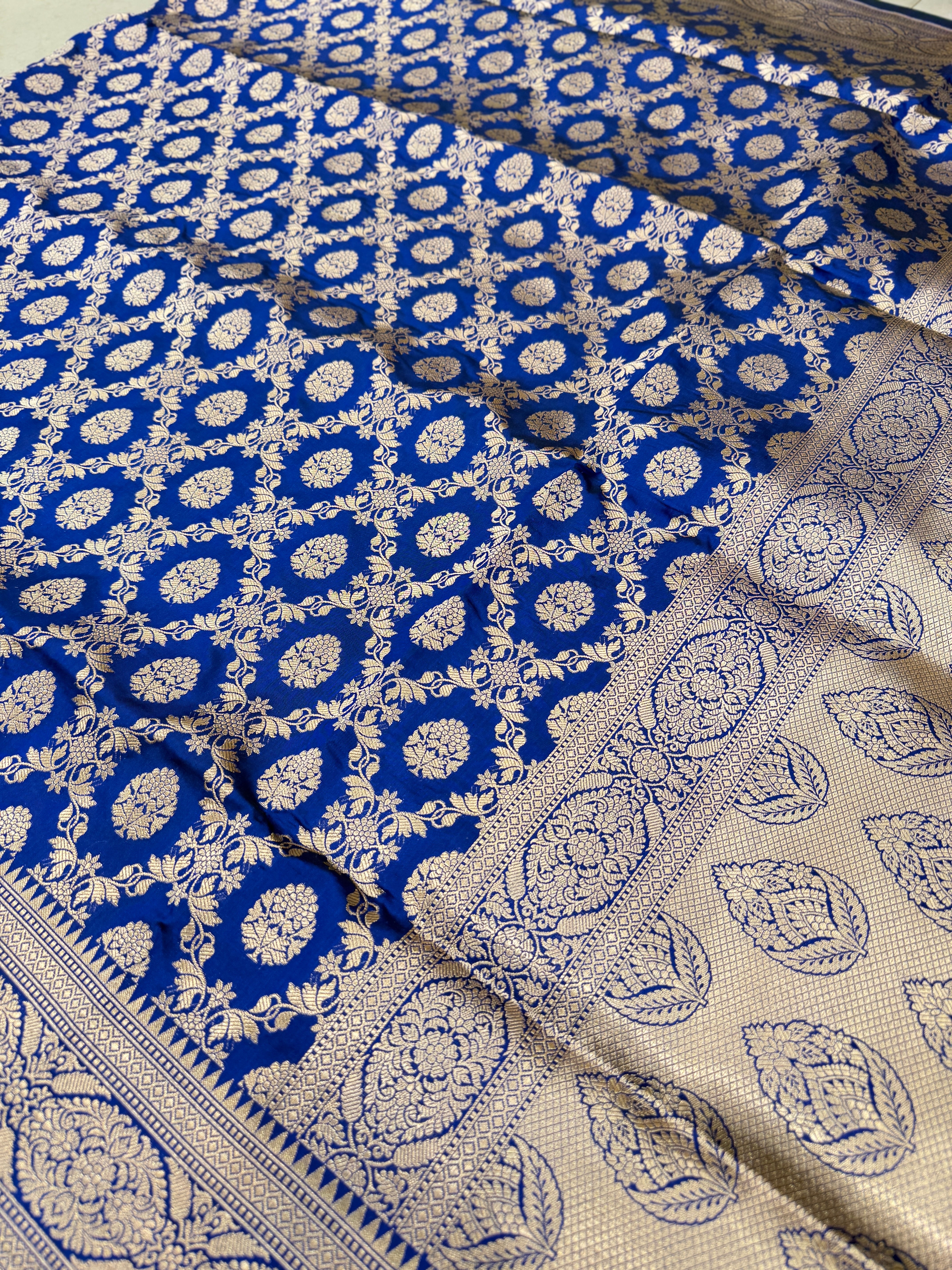 Blue Cross Jaal Handloom Banarasi Katan Silk Saree
