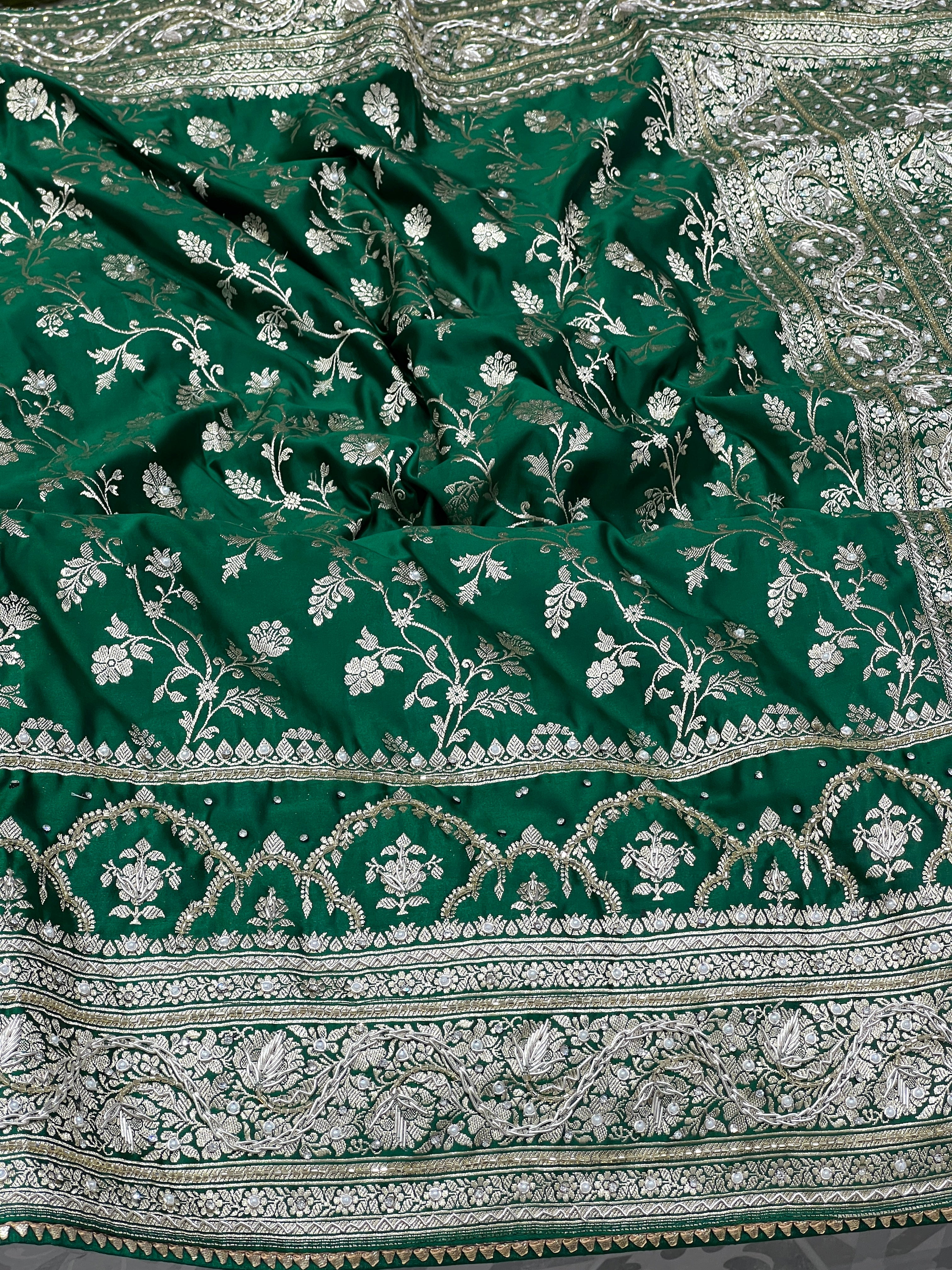 Bottle Green Banarasi Silk Chain Embroidery Saree
