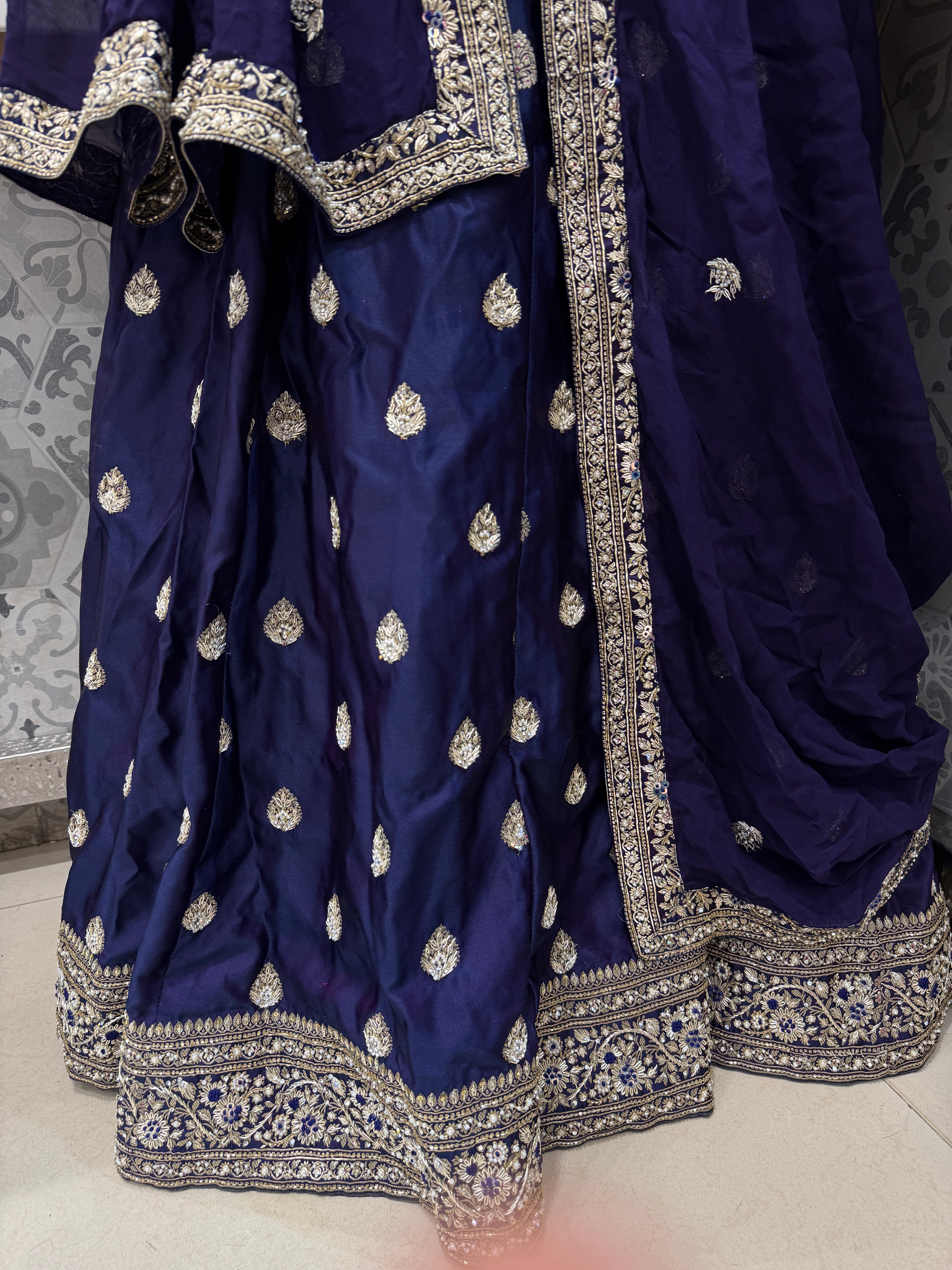 Cross Violet Banarasi Hand Embroidery Lehenga