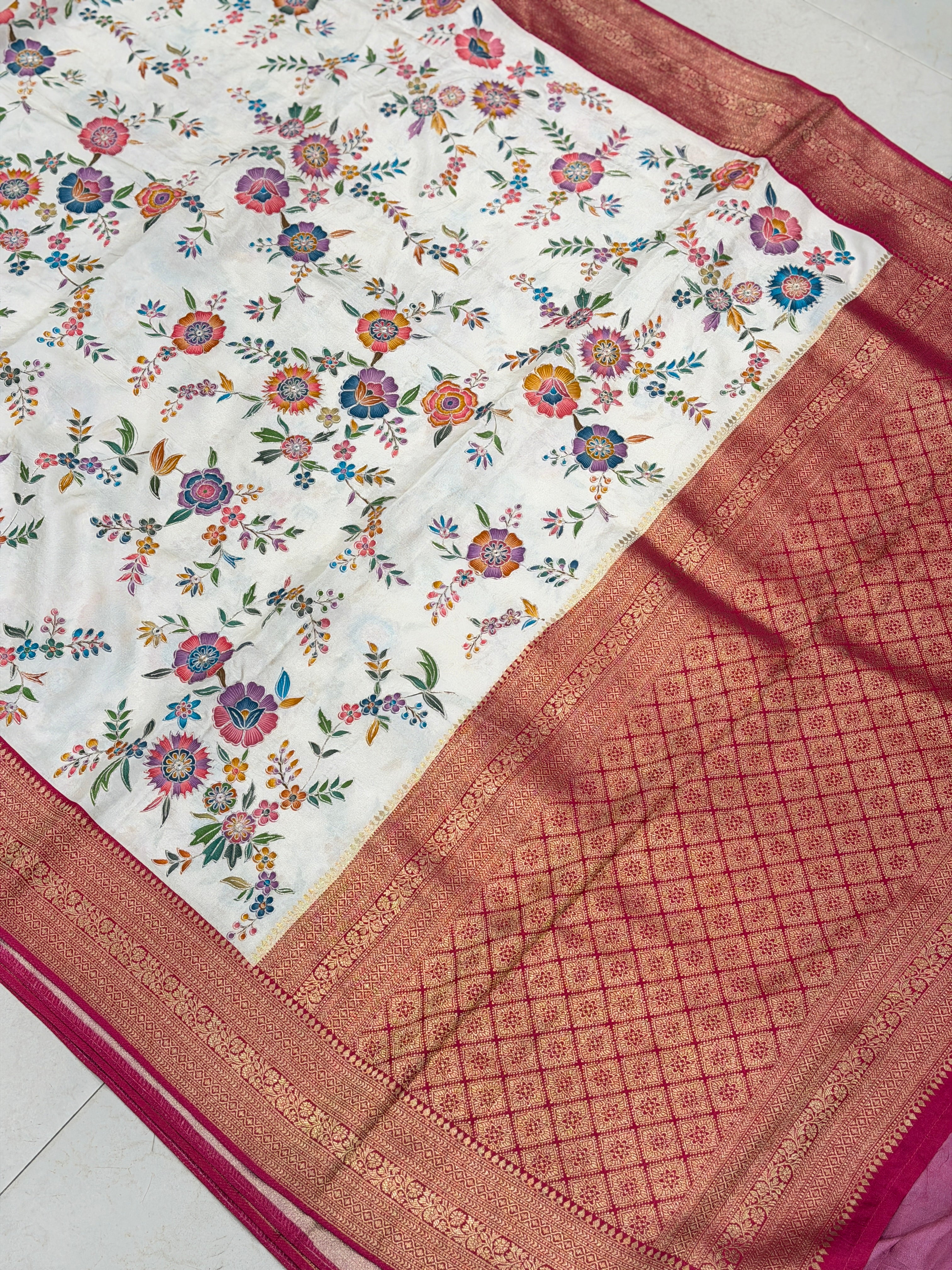 Moti White Banarasi Jaal Munga Silk Saree With Pita Embroidery