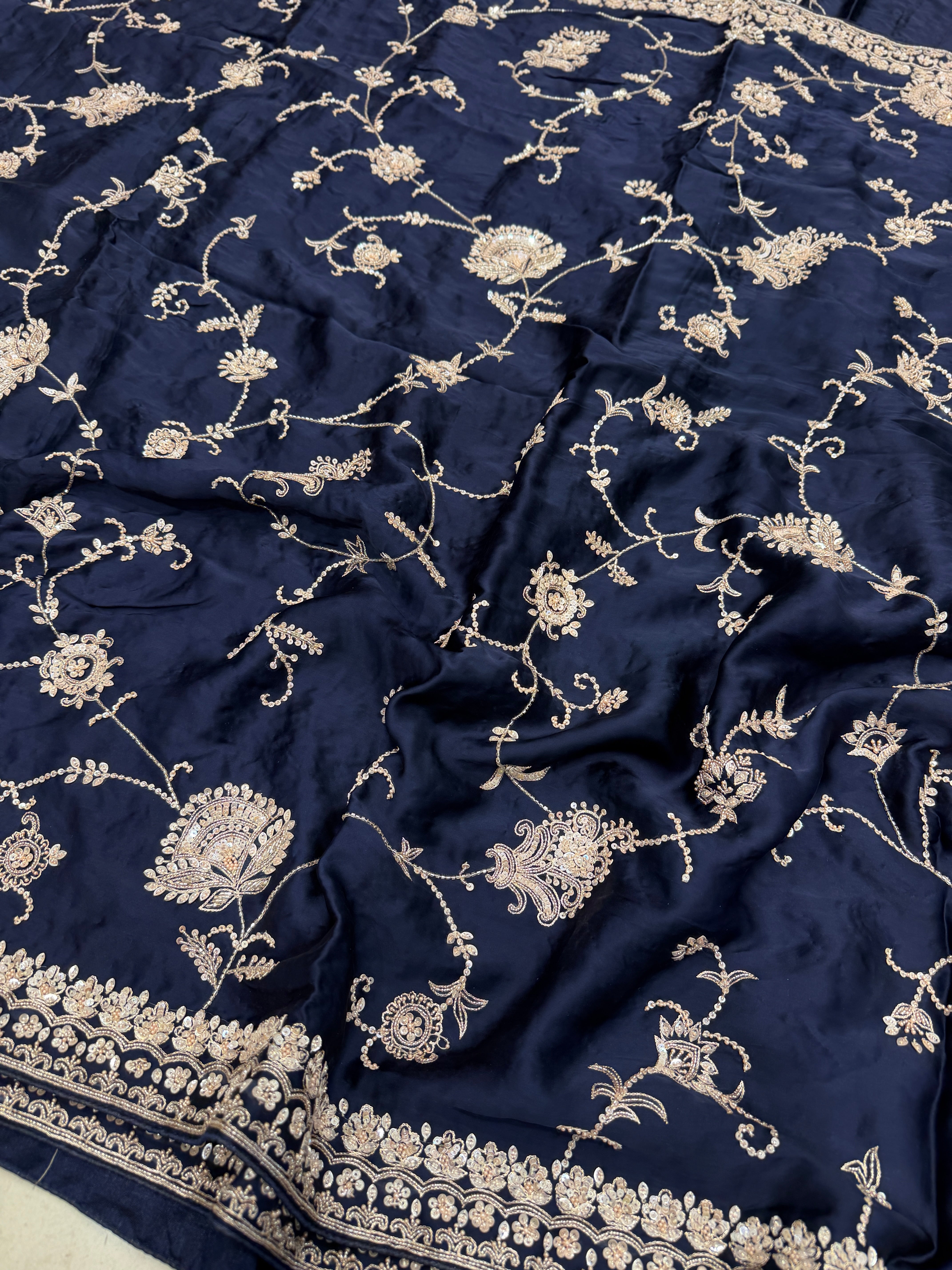 Blue Satin Silk Moti Sequin Jaal Hand Embroidery Saree
