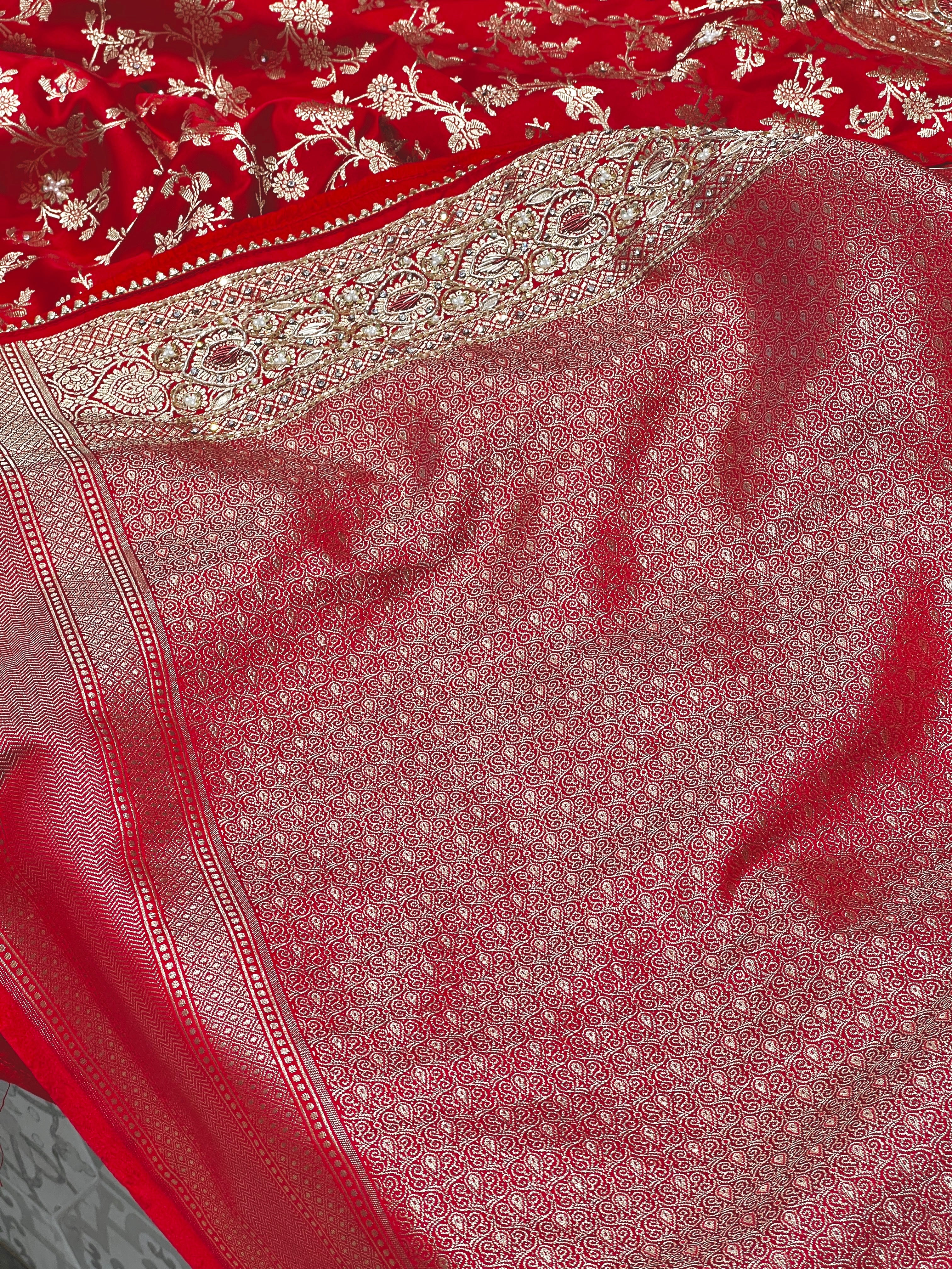 Red Banarasi Silk Jaal Zardosi Hand Embroidery Saree