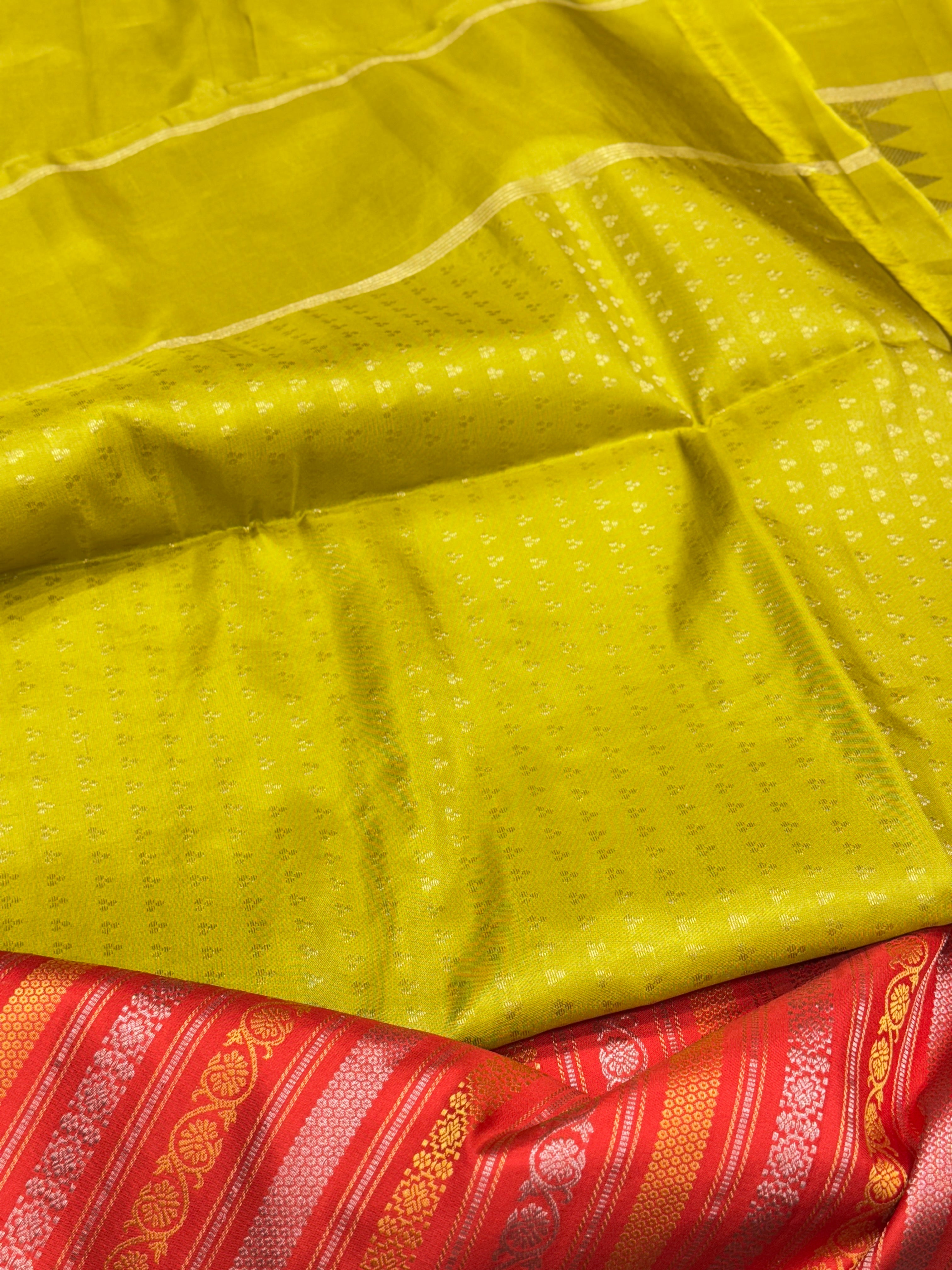 Crimson Mint Green Contemporary Handloom Kanchipuram Pure Silk Saree