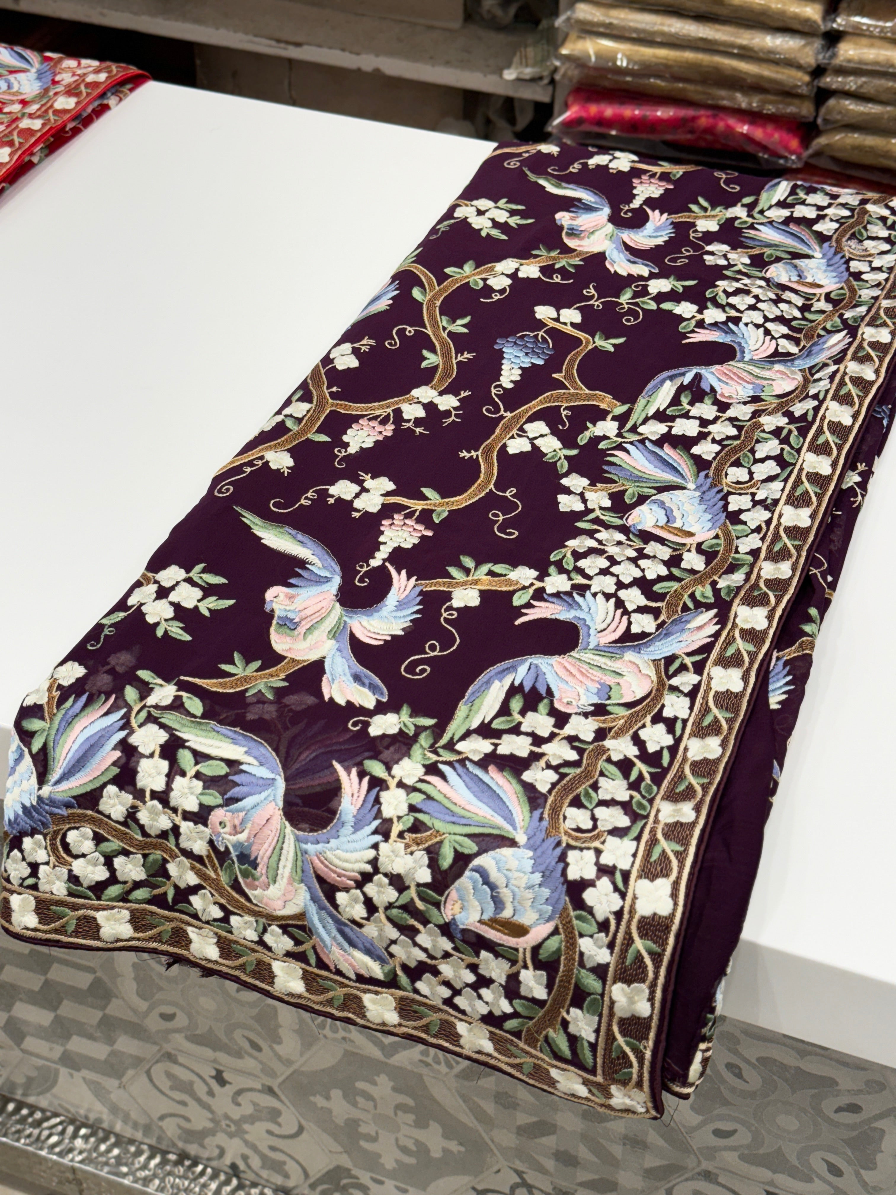 Wine Georgette Parsi Gara with Chakla Chakli Design Saree