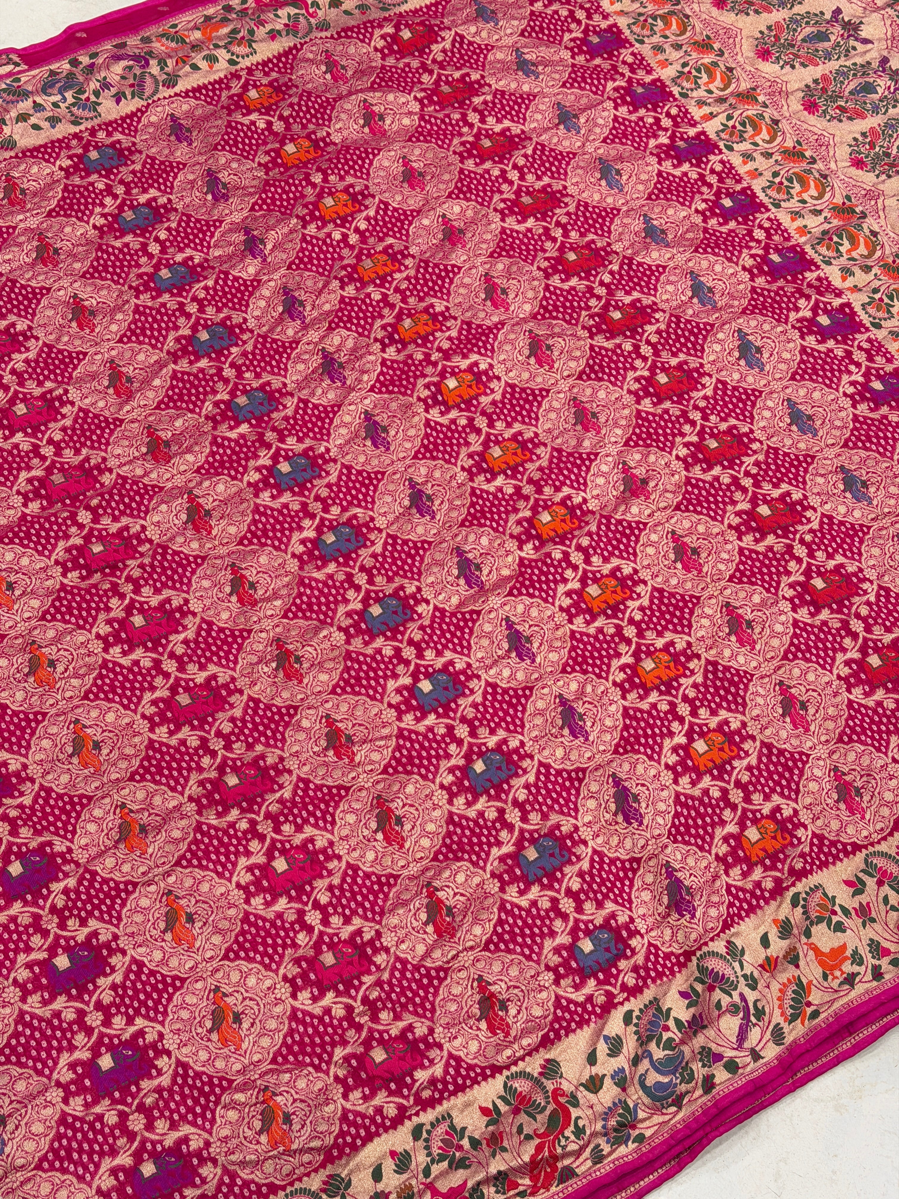 Rani Woven Bandhej Meenakari Peacock Parrot Motif Saree