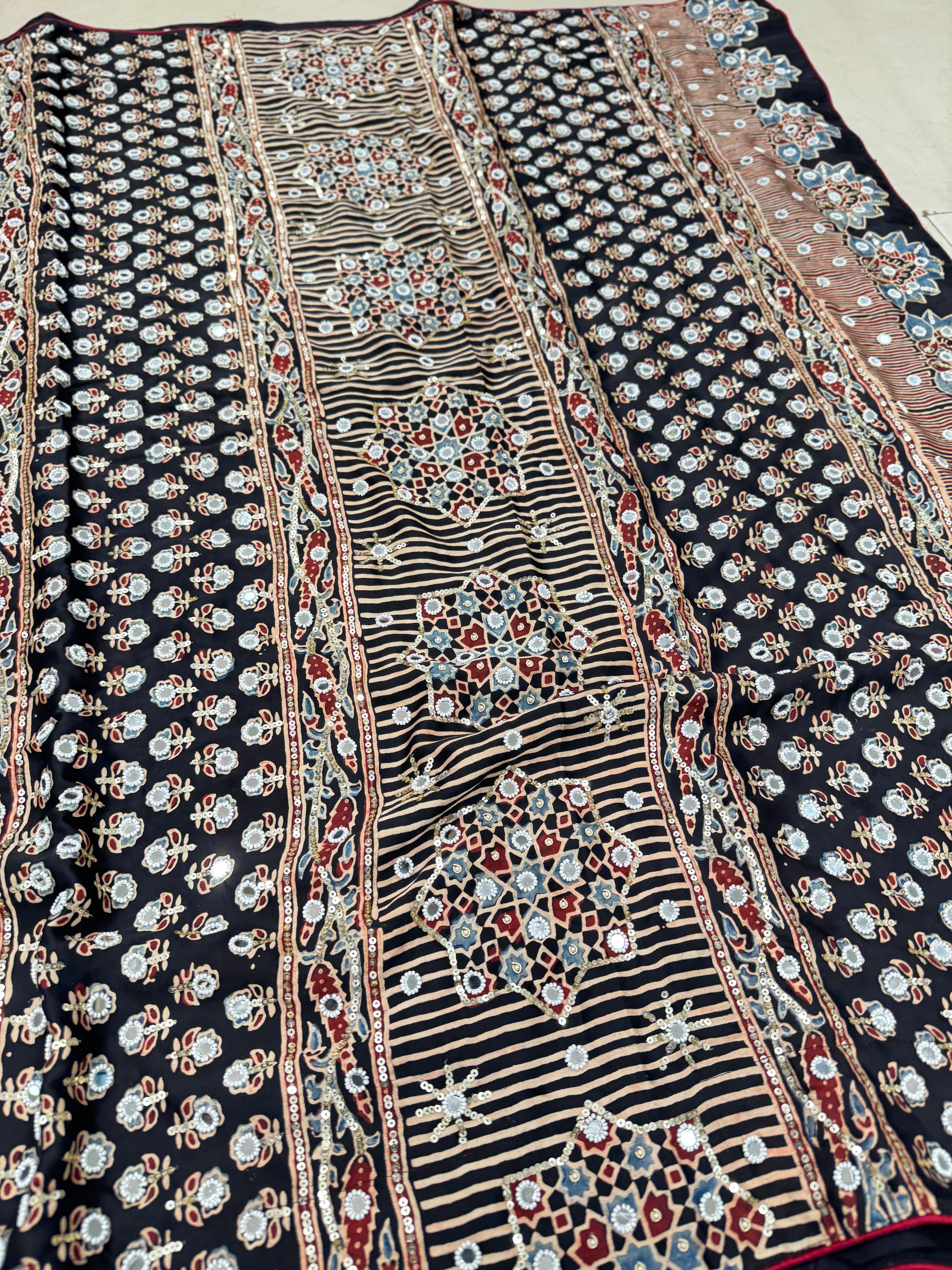 Blue Black Jaal Ajrakh Real Mirror Moti Sequin Hand Embroidery Saree